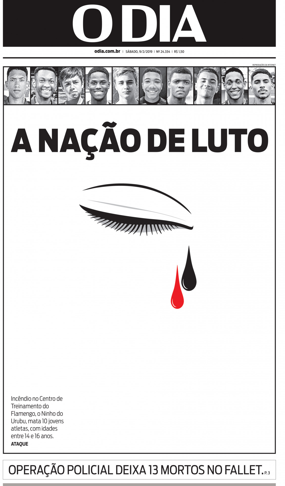 Capa sobre a trag&eacute;dia no Ninho do Urubu em fevereiro de 2019 - Arquivo / Ag&ecirc;ncia O Dia 