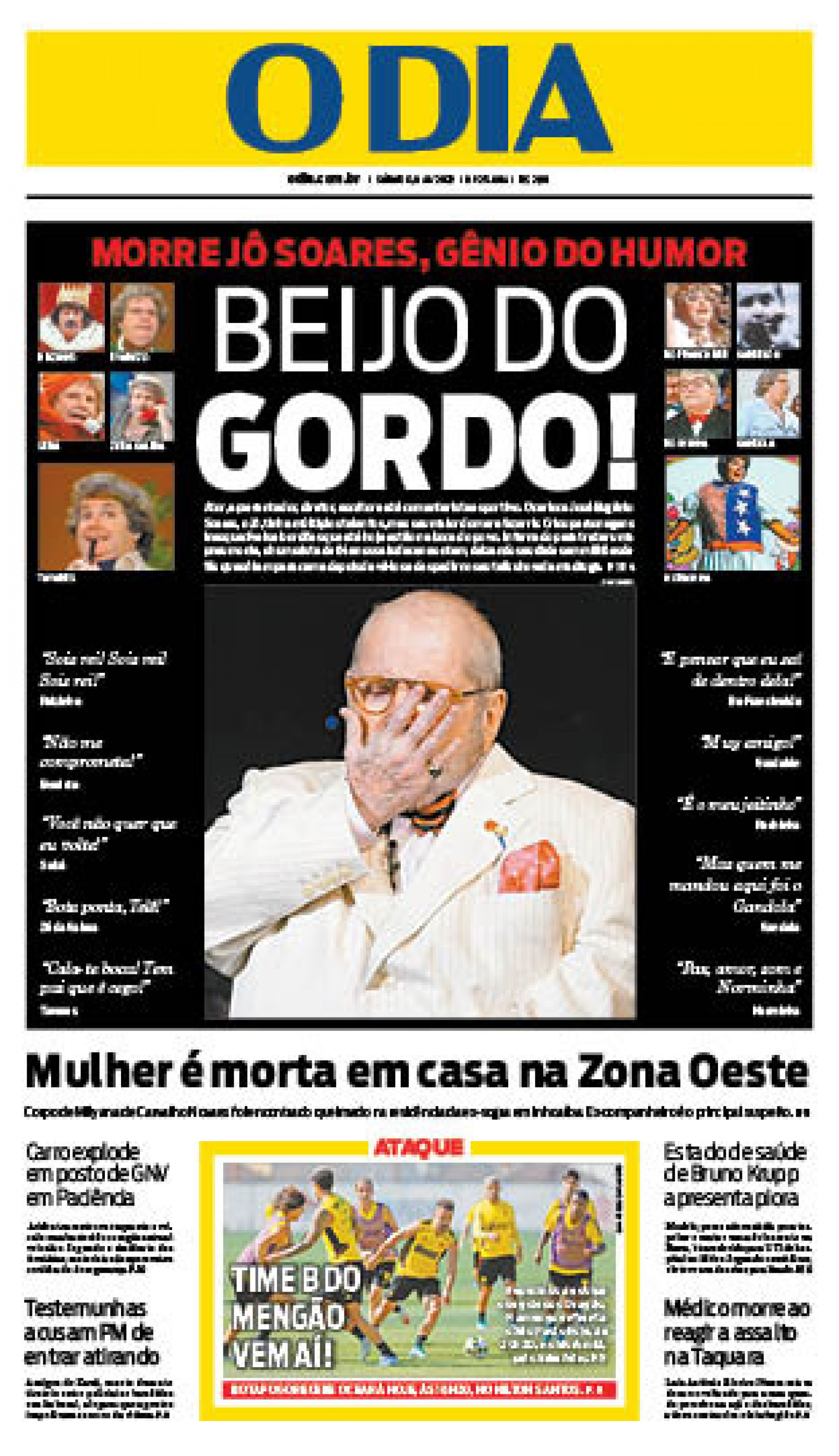 Capa que noticiou a morte do humorista J&ocirc; Soares em dezembro de 2022 - Arquivo / Ag&ecirc;ncia O Dia 