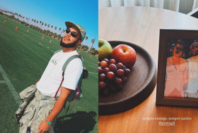 Francisco Gil exibe porta-retrato com a mãe em bastidores de show