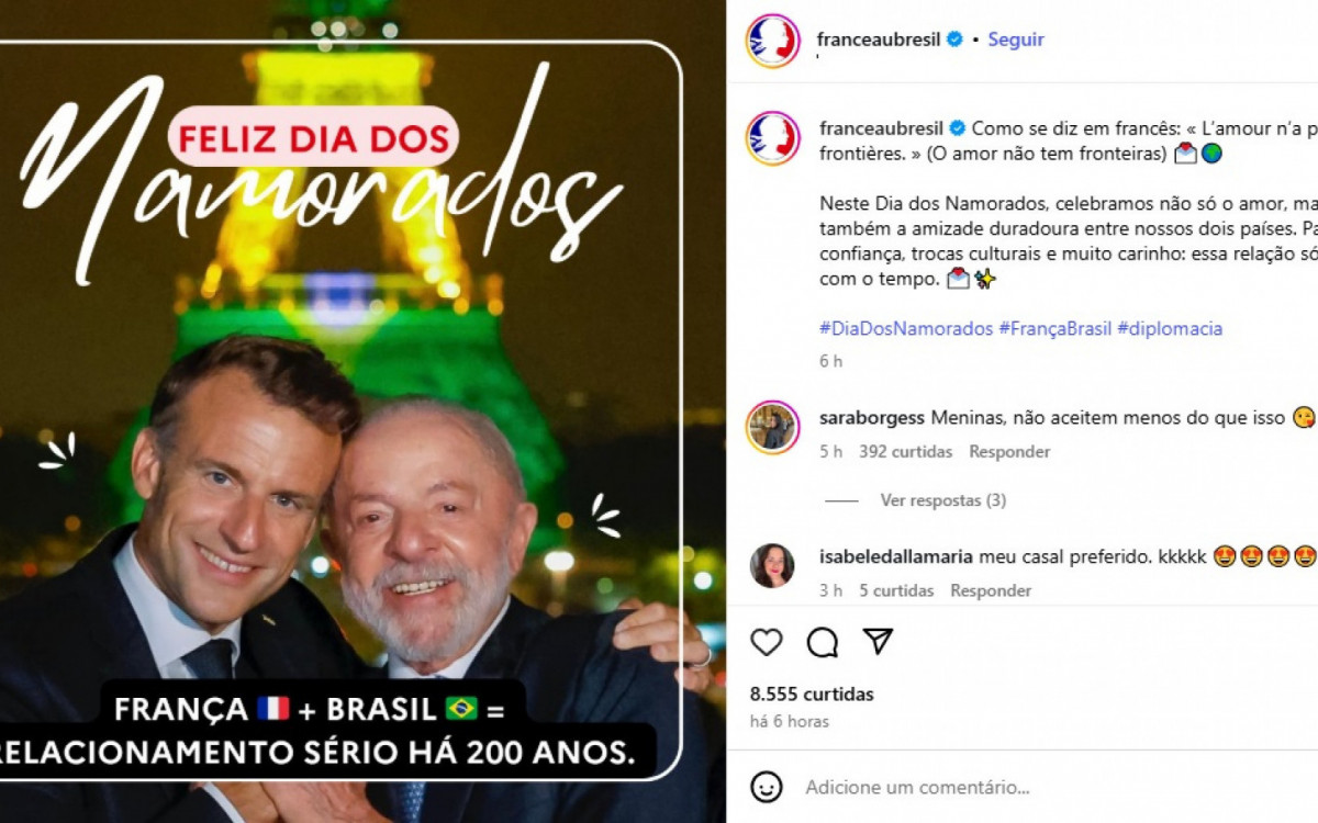 Embaixada da França publica foto de Lula e Macron no Dia dos Namorados