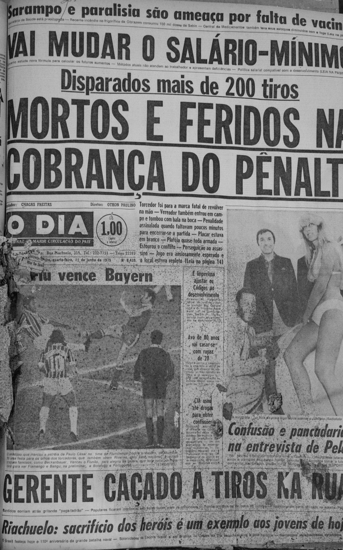 Capa do Jornal O Dia de 11 de junho de 1975 destaca a vit&oacute;ria do Fluminense sobre o Bayern de Munique - Erica Martin / Ag&ecirc;ncia O Dia