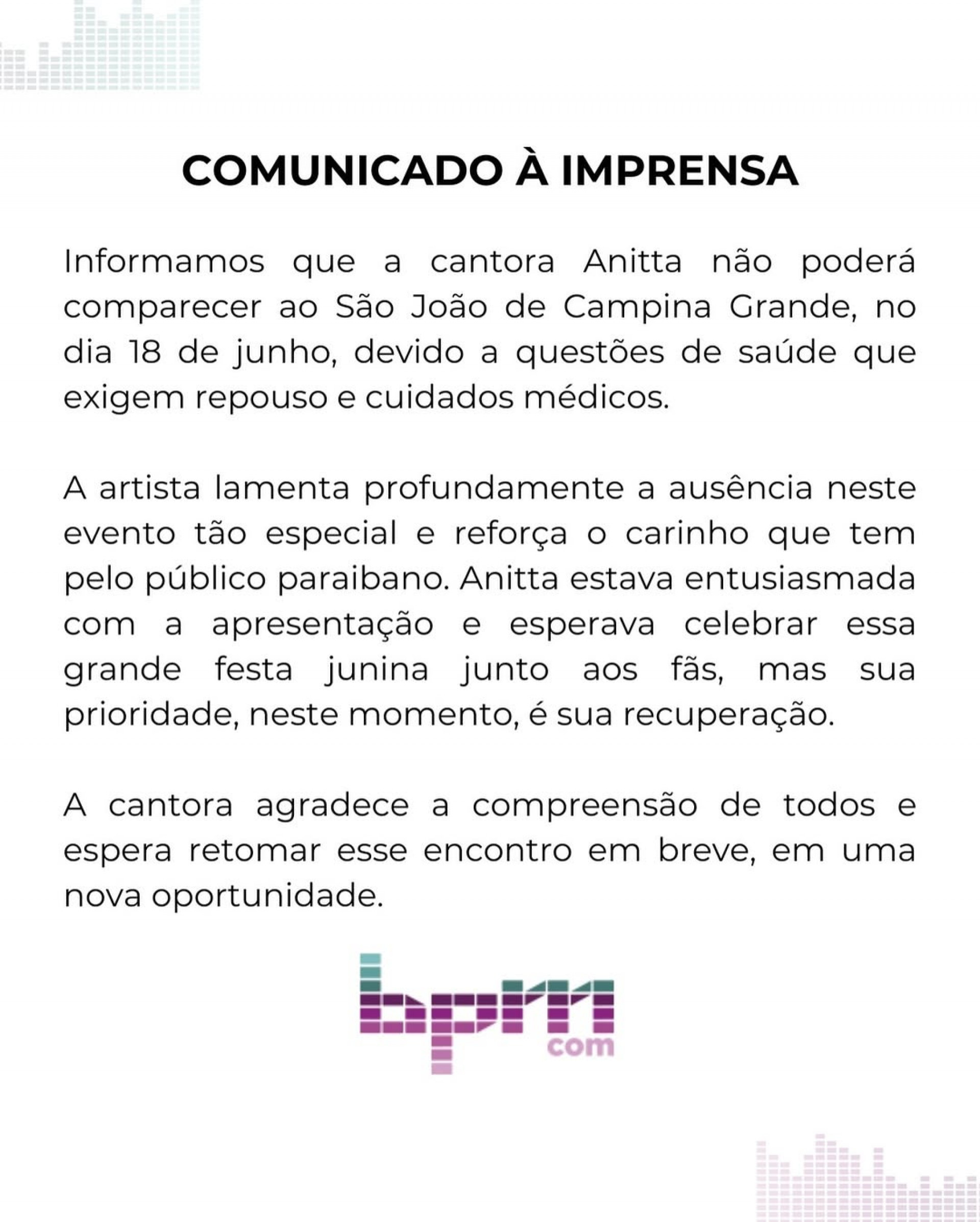 Comunicado sobre cancelamento da apresentação de Anitta  - Reprodução/Instagram 