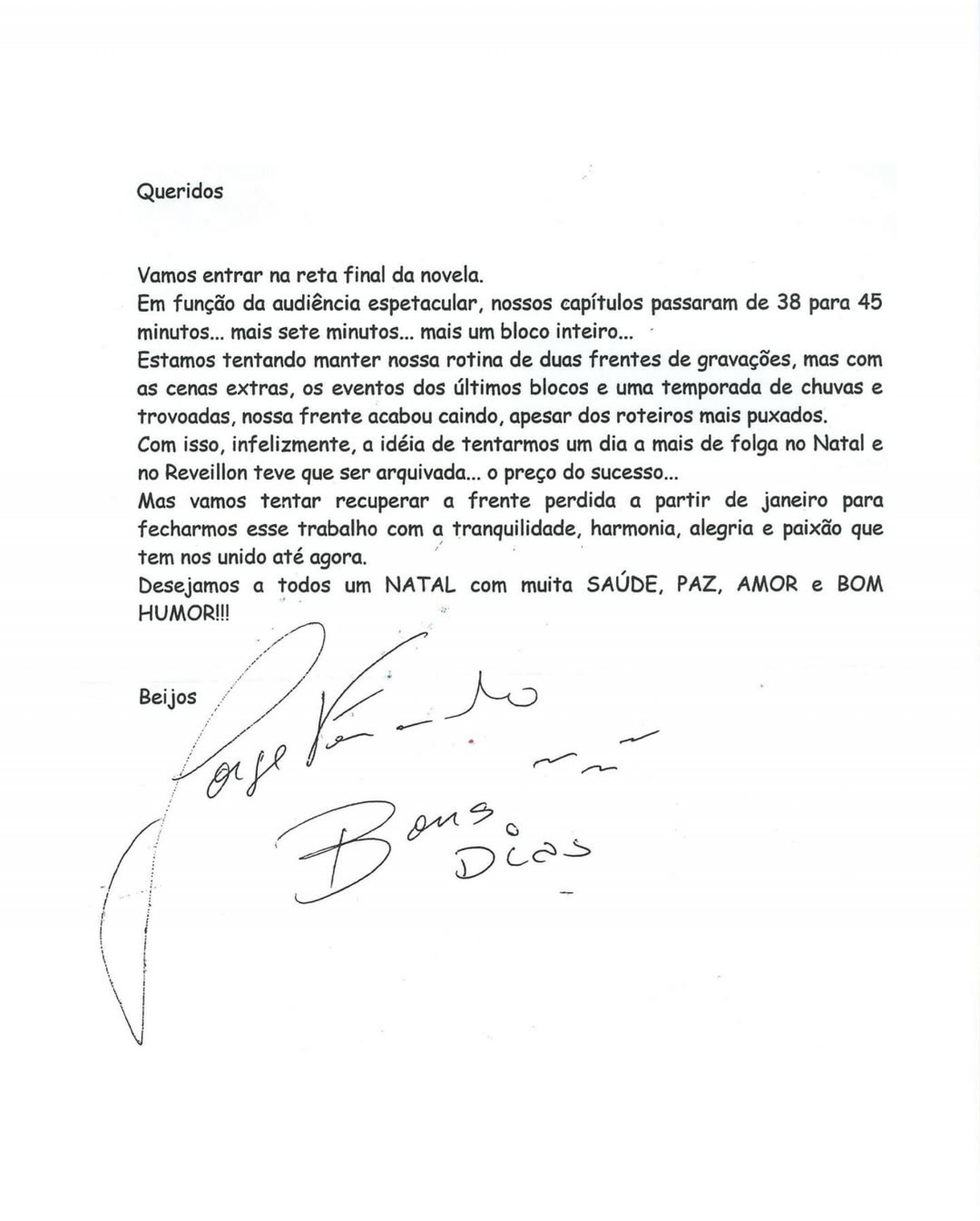 Carta escrita por Jorge Fernando para o elenco de 'Alma Gêmea' - Reprodução/Instagram 
