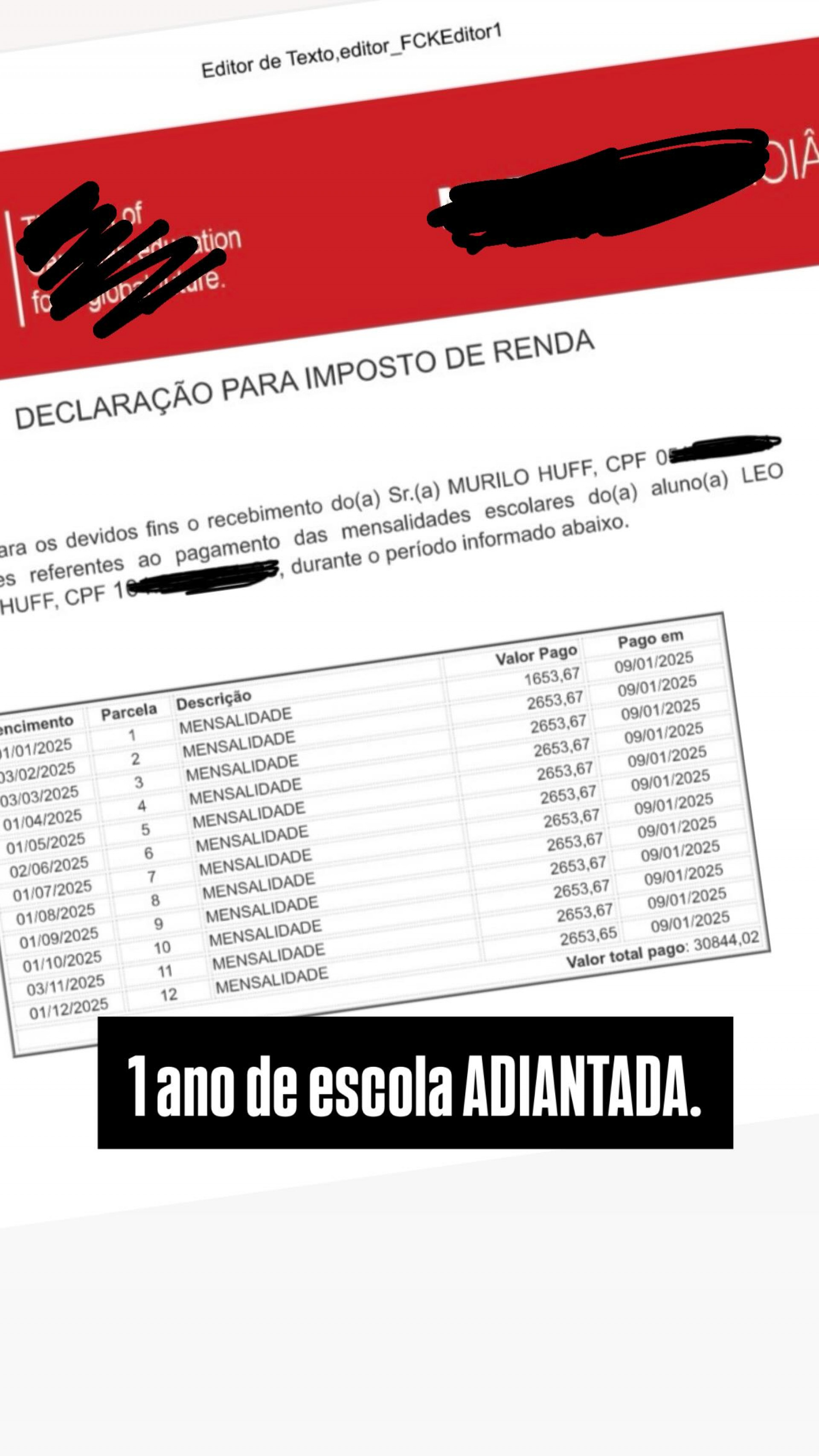 Murilo Huff exibiu comprovantes das mensalidades escolares pagas  - Reprodução/Instagram 