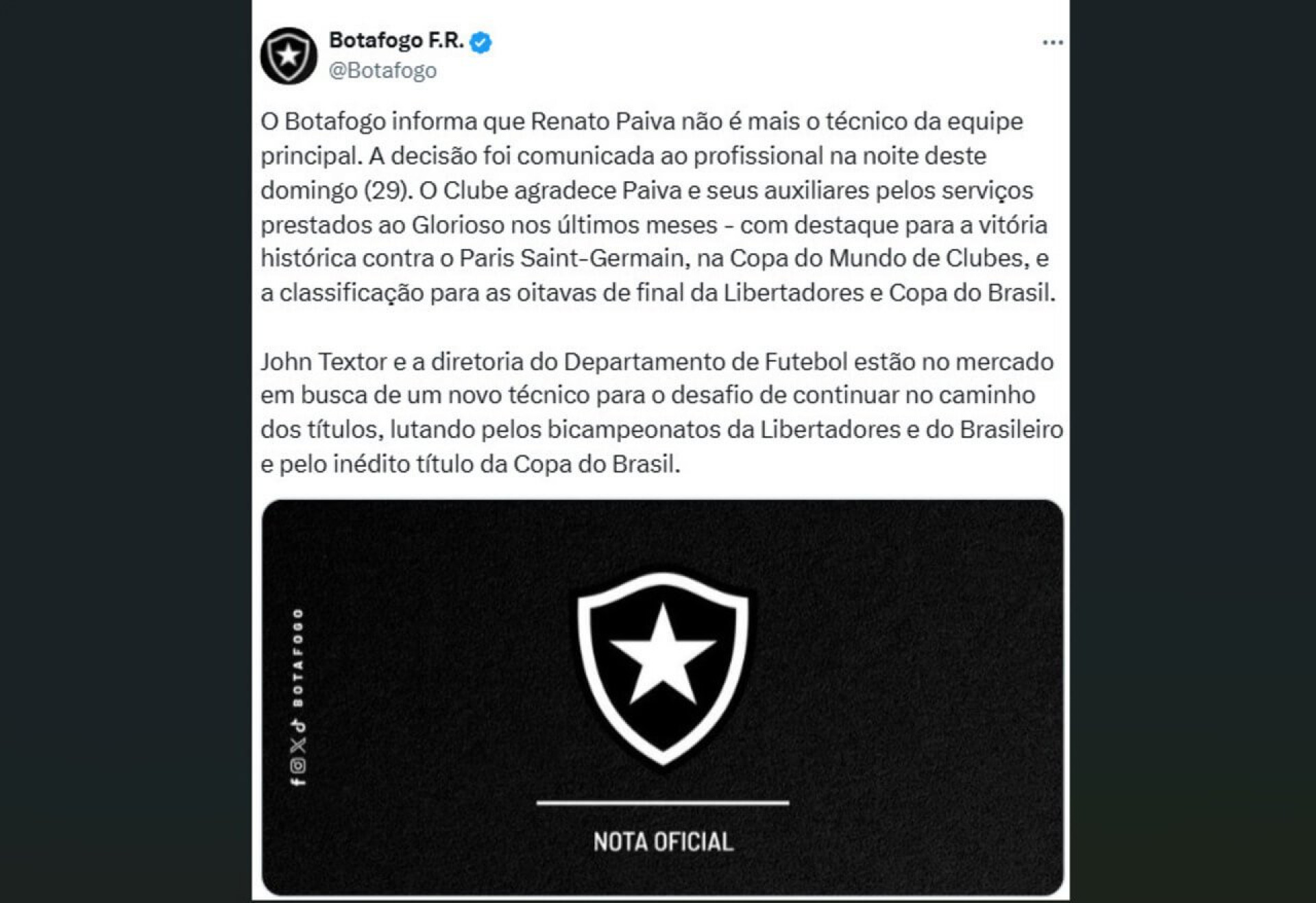 Botafogo demite o treinador Renato Paiva