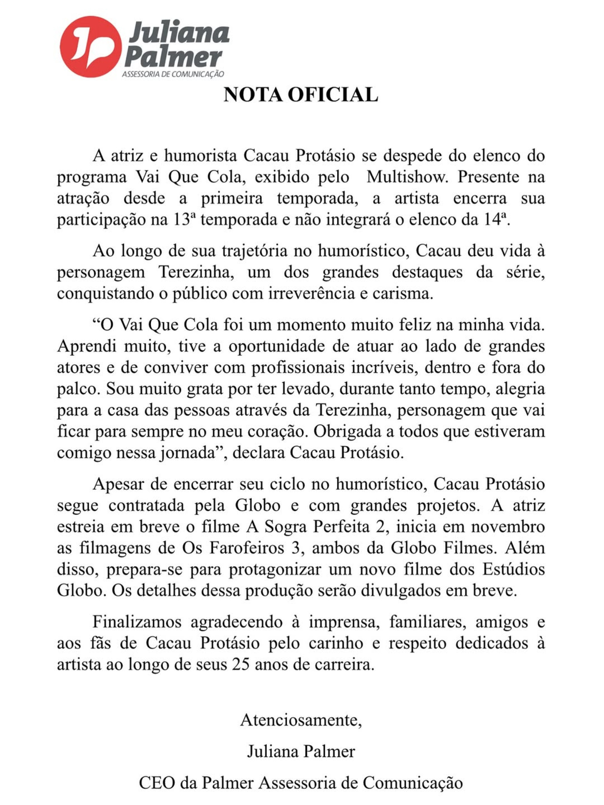 Cacau Protásio divulgou comunicado explicando saída da atração  - Reprodução/Instagram 