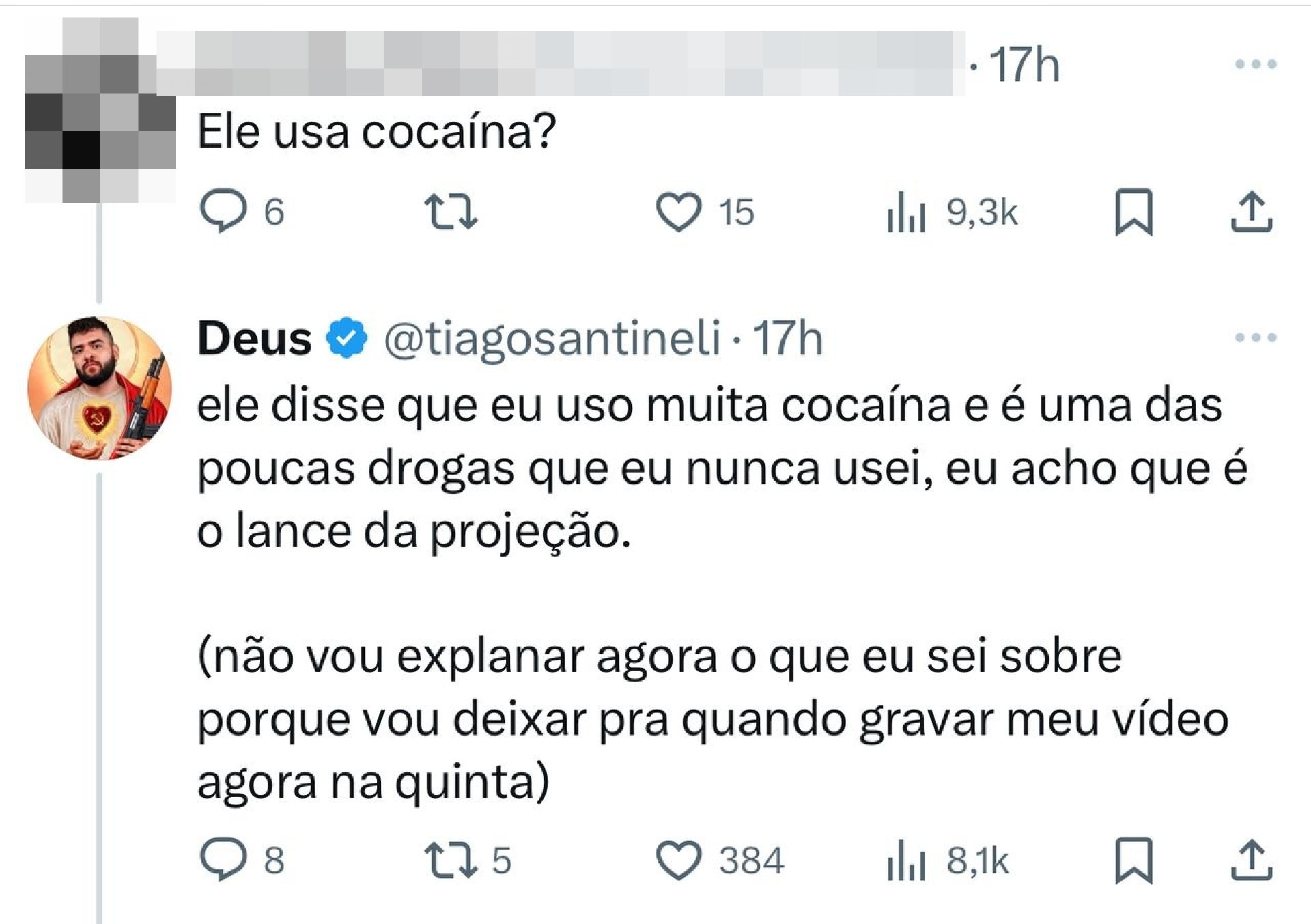 Prints tirados da página de Tiago Santineli na X, antigo Twitter - Reprodução/X