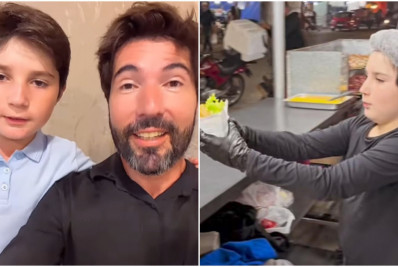 Neto do cantor Leonardo vende sanduíches com o pai em barraca de rua: 'Que exemplo'