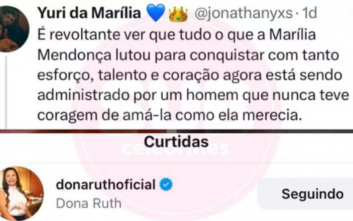Dona Ruth curte comentário sobre relação de Murilo Huff e Marília Mendonça - Reprodução/Instagram