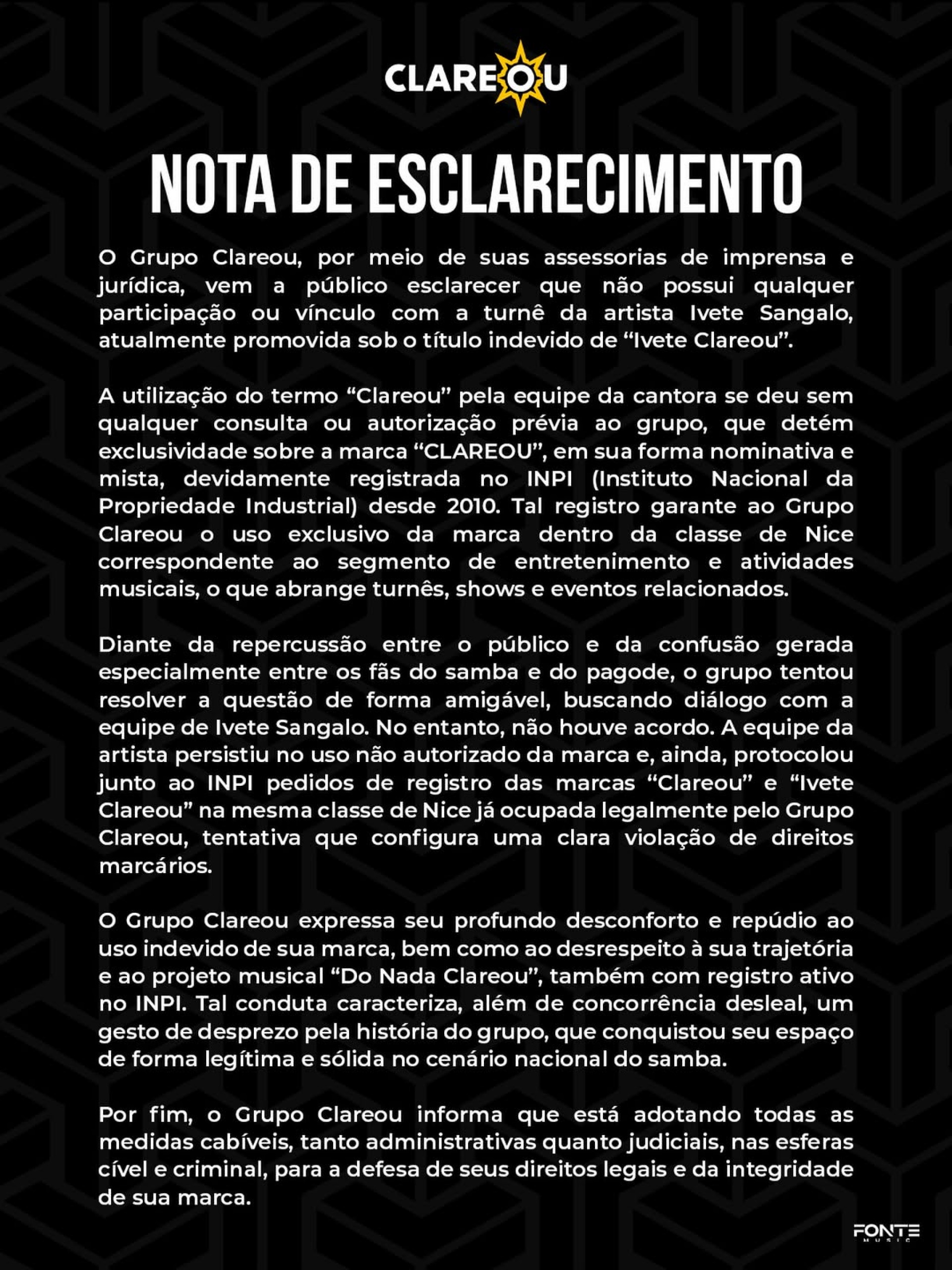 Comunicado publicado nas redes sociais do Grupo Clareou  - Reprodução/Instagram 