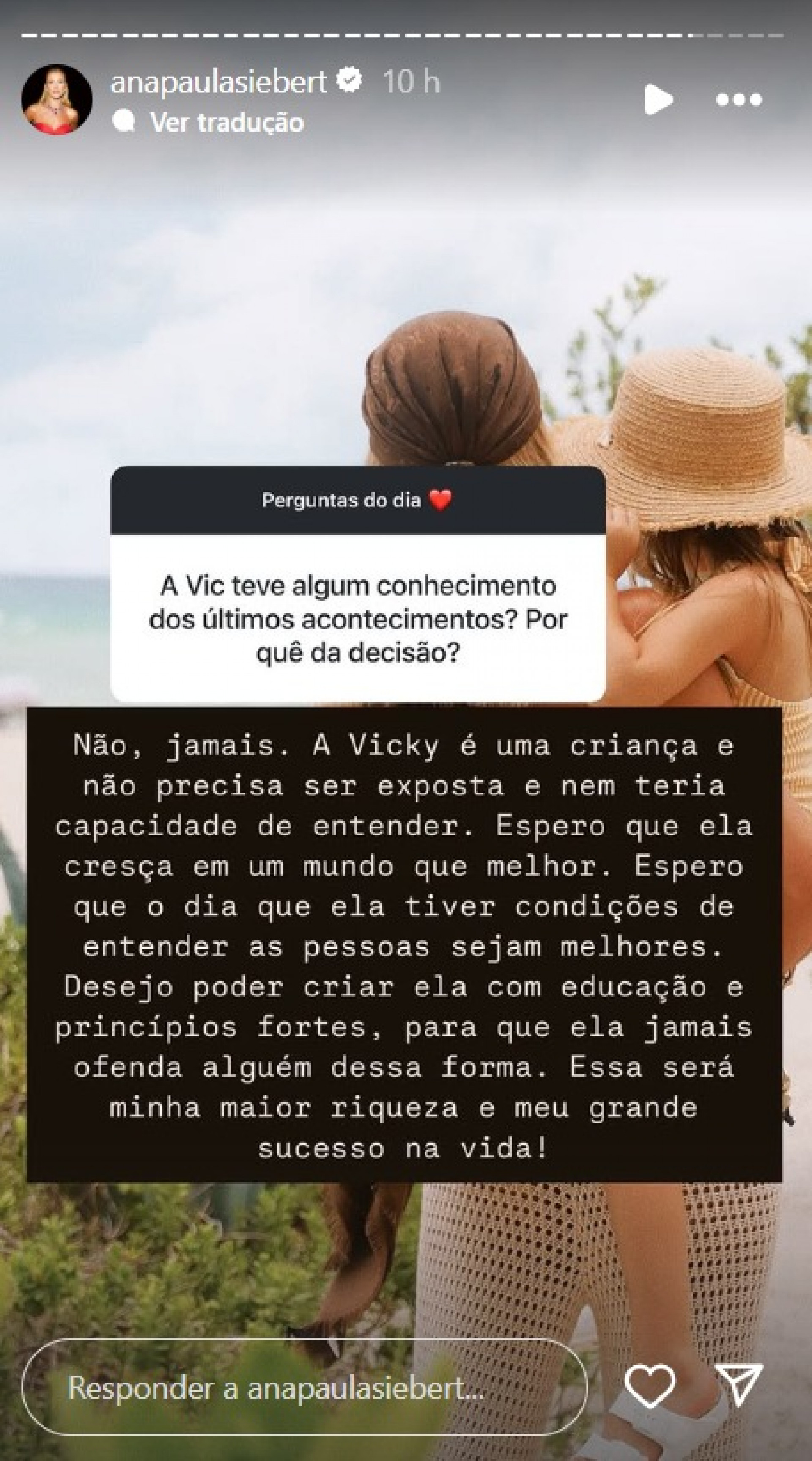 Ana Paula Siebert diz que não expôs a situação para a filha, Vicky  - Reprodução Instagram