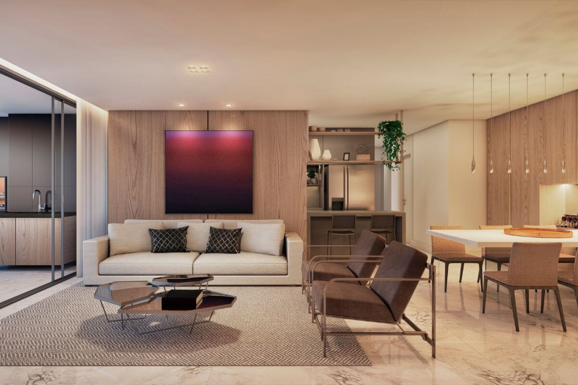 Conceito aberto cria uma conexão mais fluida entre os cômodos e amplia a percepção de espaço (Imagem: Divulgação | GT Building) 