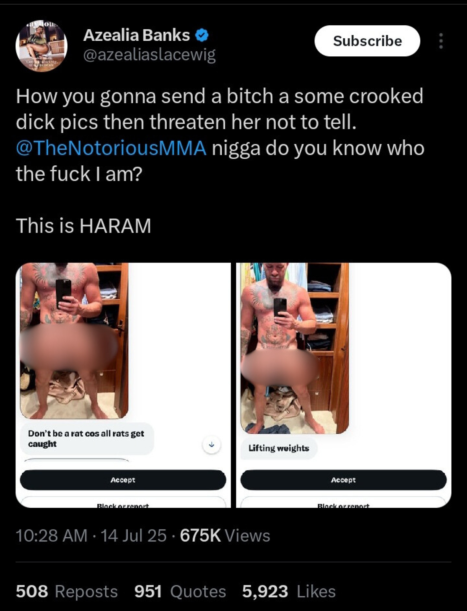 Conor McGregor envia nudes sem consentimento de Azealia Banks, que expõe assédio do lutador - Reprodução / Instagram