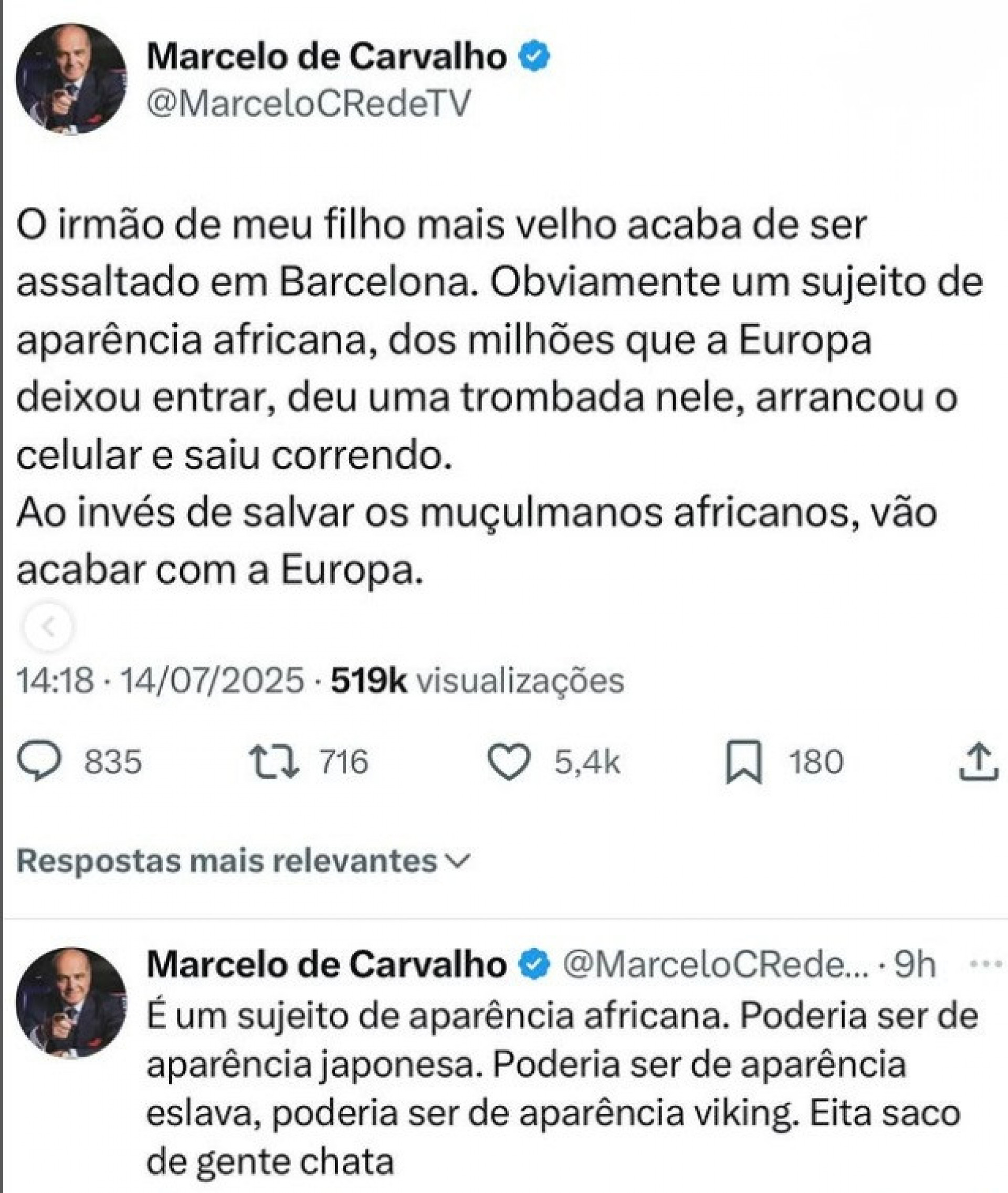 Marcelo de Carvalho é acusado de racismo após post polêmico - Reprodução