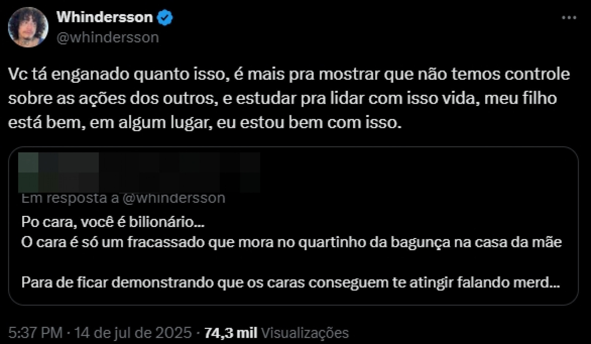 Print tirado do perfil de Whindersson na X - Reprodução/X