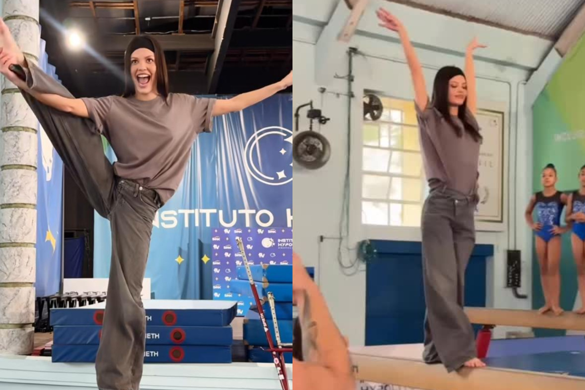 Vitória Strada mostra habilidades na ginástica ao visitar projeto social de Daniele e Diego Hypolito