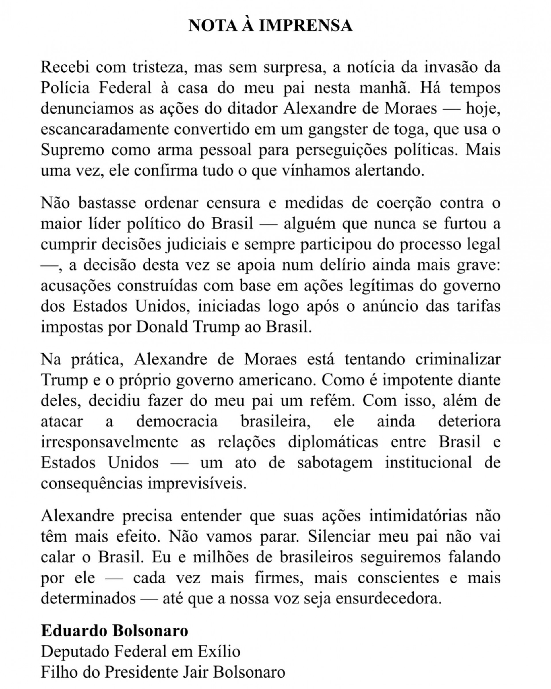 Em nota, Eduardo Bolsonaro criticou medidas autorizadas por Alexandre de Moraes - Reprodu&ccedil;&atilde;o/Redes Sociais