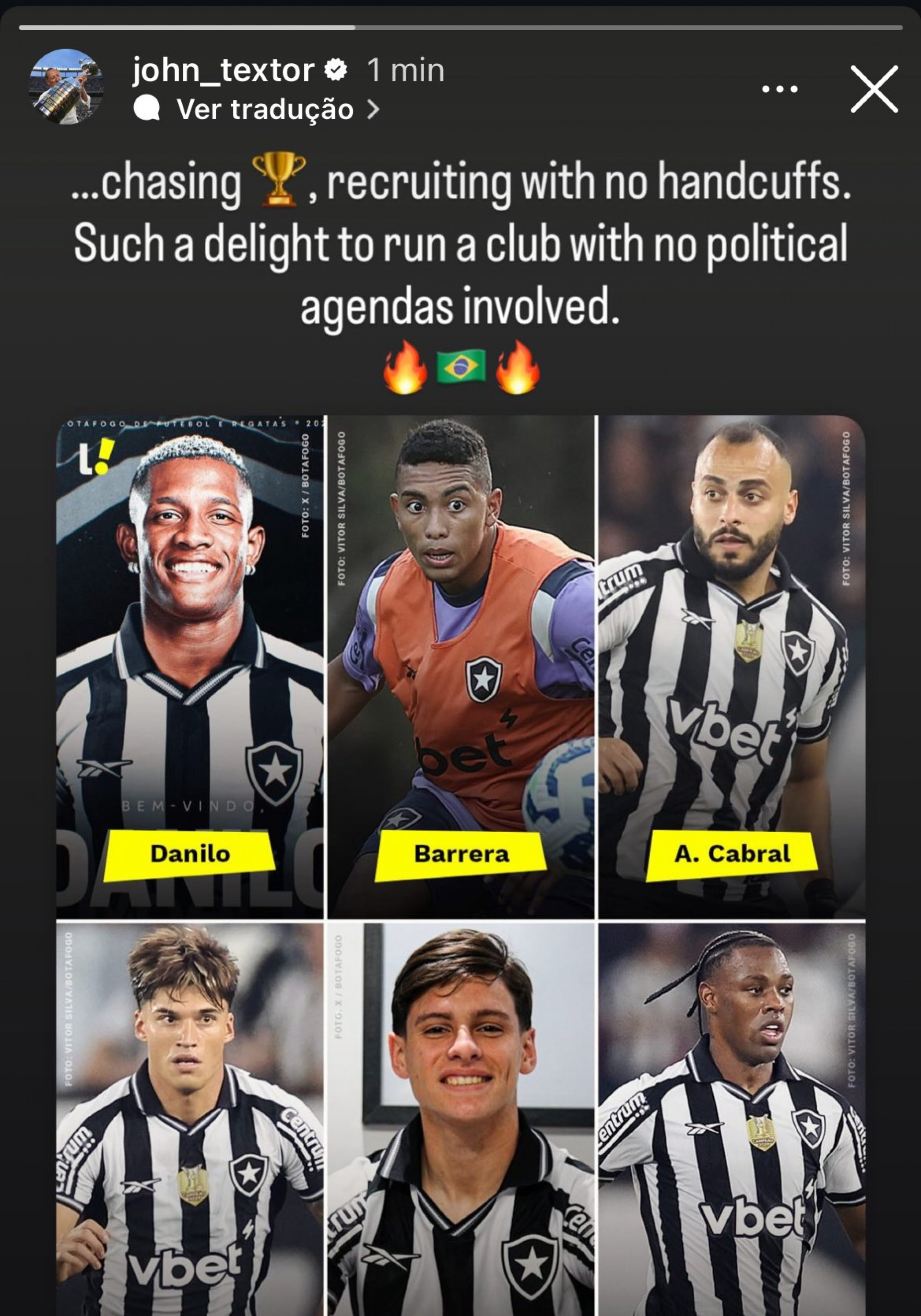 John Textor alfinetou o Lyon em publica&ccedil;&atilde;o exaltando as contrata&ccedil;&otilde;es do Botafogo - Reprodu&ccedil;&atilde;o / Instagram @johntextor