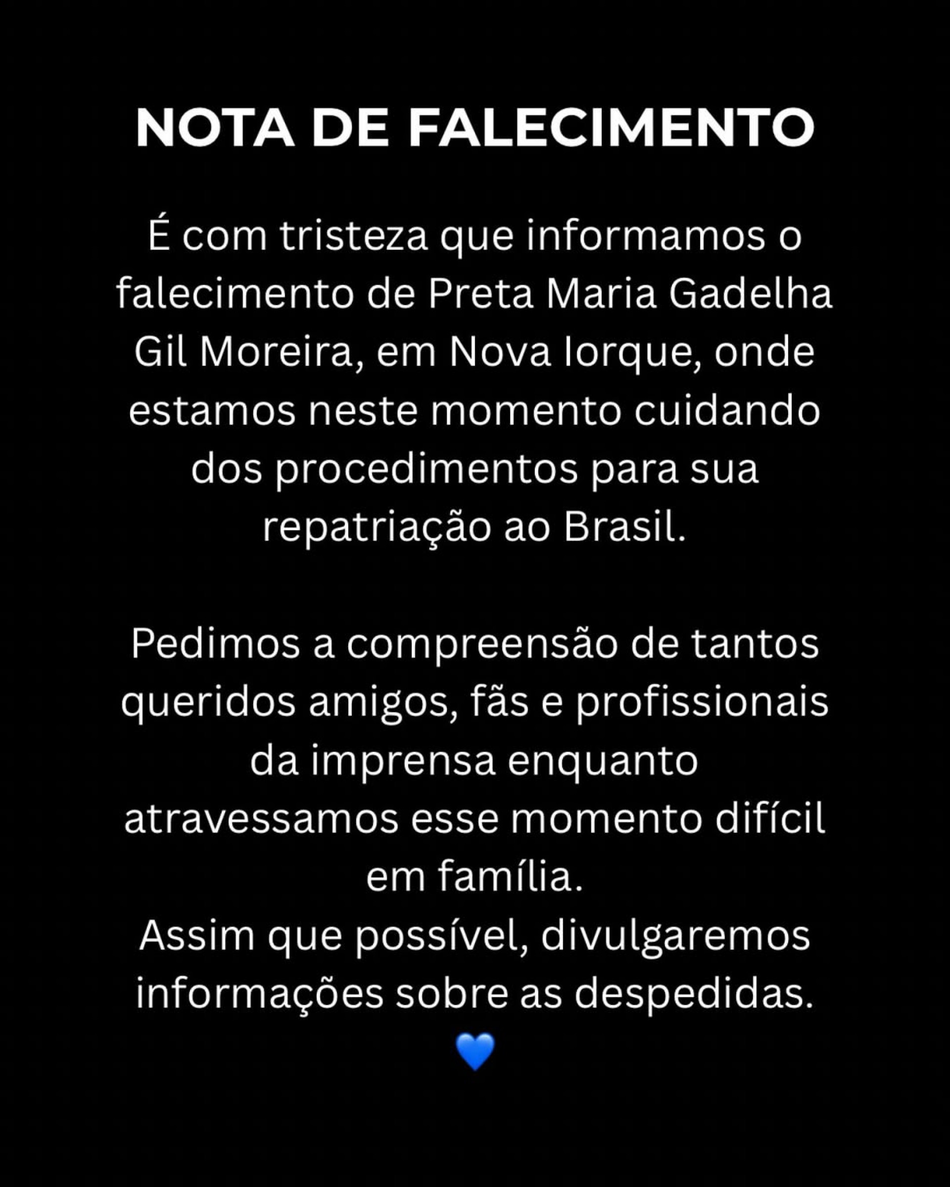 Comunicado publicado nas redes sociais de Gilberto Gil  - Reprodução/Instagram