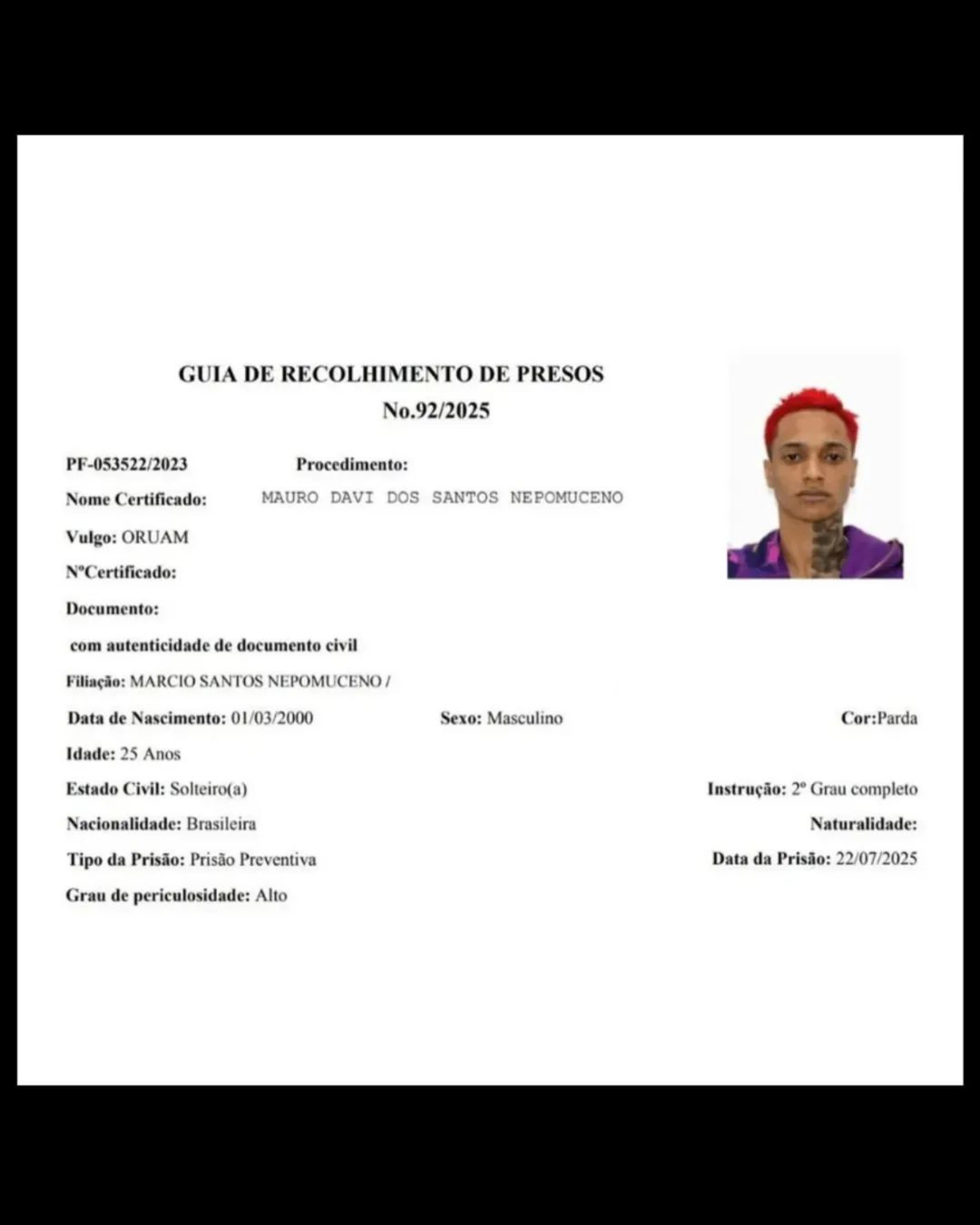 Oruam foi classificado com alto grau de periculosidade 