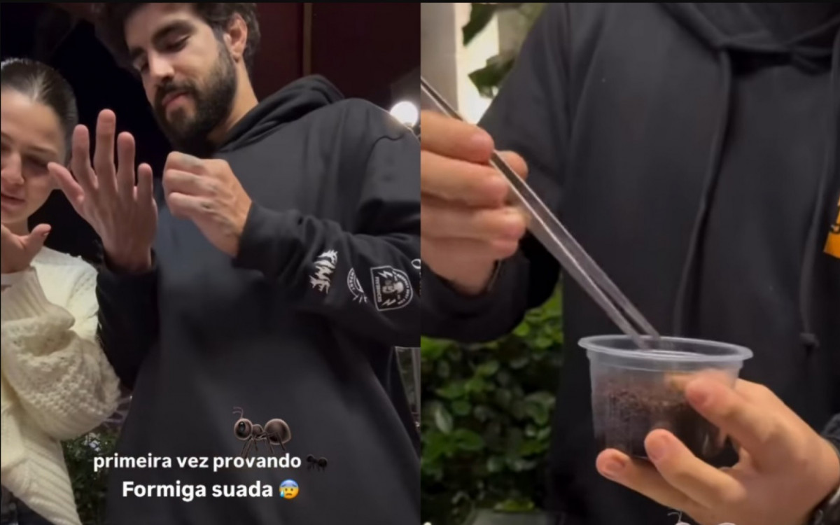 Caio Castro e Vitoria Bohn apareceram provando formiga pela primeira vez
