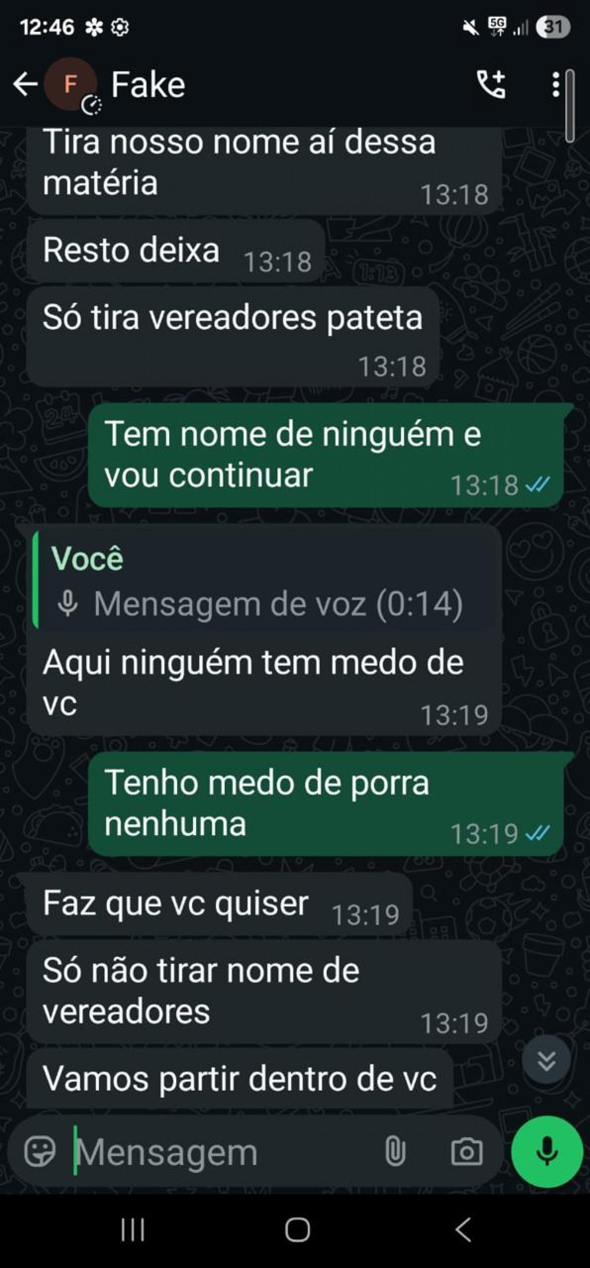Mensagens enviadas por uma pessoa ainda não identificada ao deputado Giovani Ratinho (Solidariedade) - Arquivo pessoal