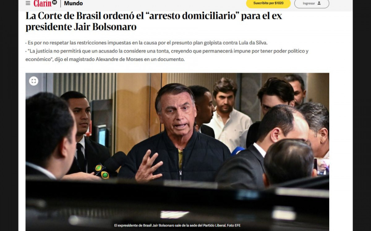 Imprensa internacional noticia prisão domiciliar de Bolsonaro