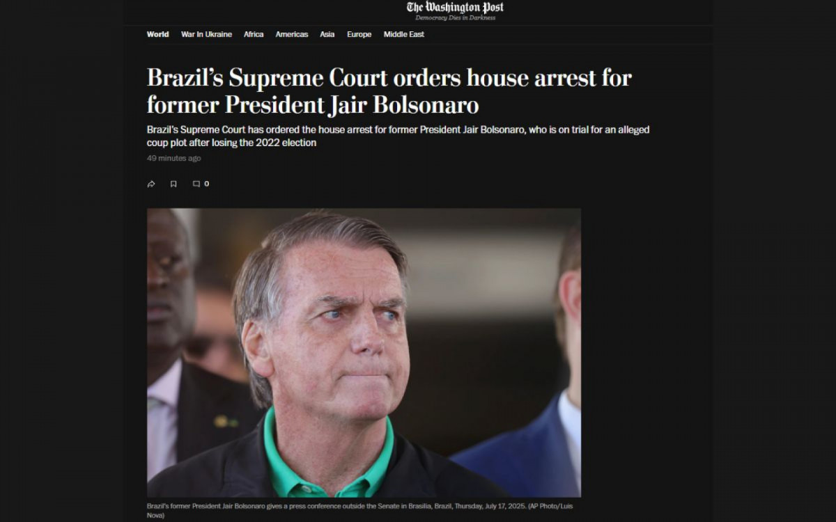 Imprensa internacional noticia prisão domiciliar de Bolsonaro