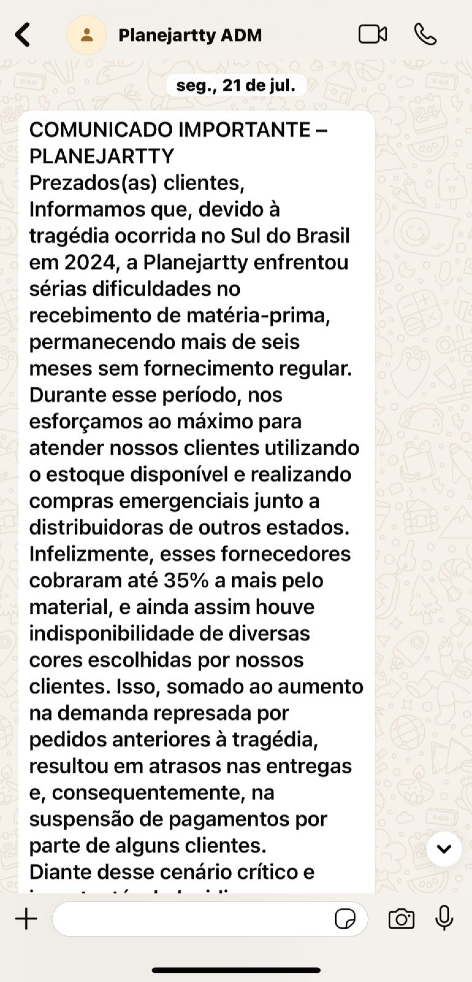 &Uacute;ltimas mensagens enviadas pela Planejartty Convictta a um dos clientes v&iacute;timas do suposto golpe - Arquivo pessoal