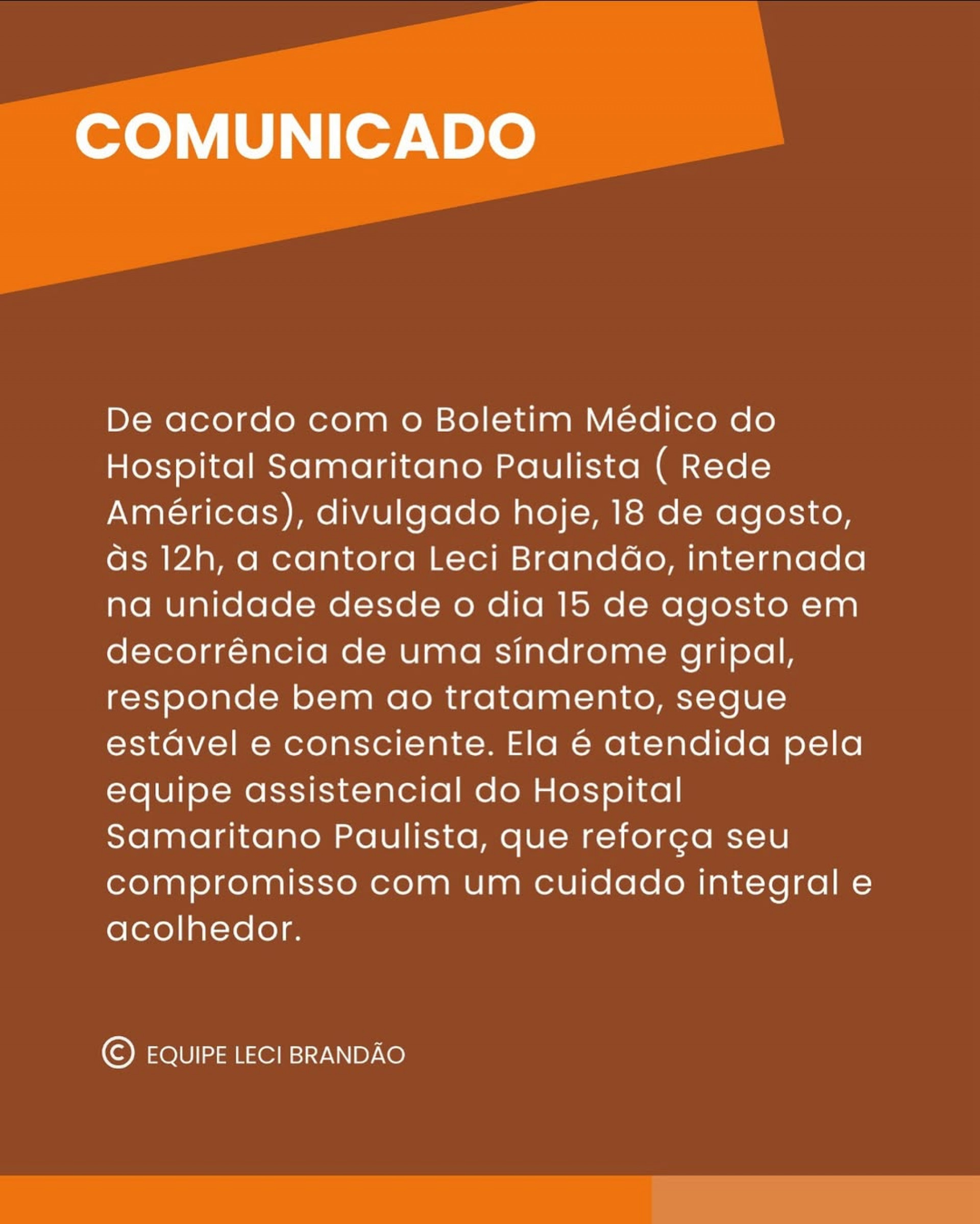 Boletim médico divulgado nas redes sociais de Leci Brandão  - Reprodução/Instagram 
