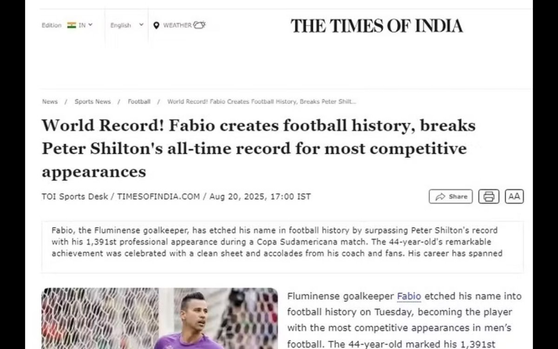 Fábio, do Fluminense, em destaque na imprensa internacional - Reprodução / Internet