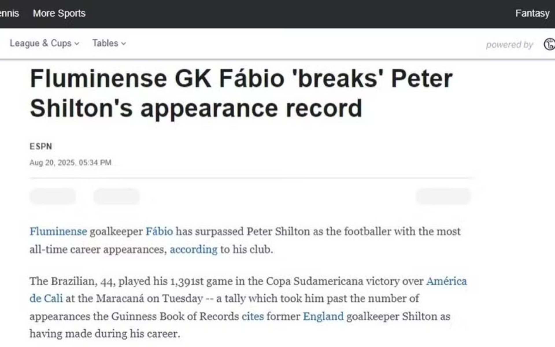 Fábio, do Fluminense, em destaque na imprensa internacional - Reprodução / Internet