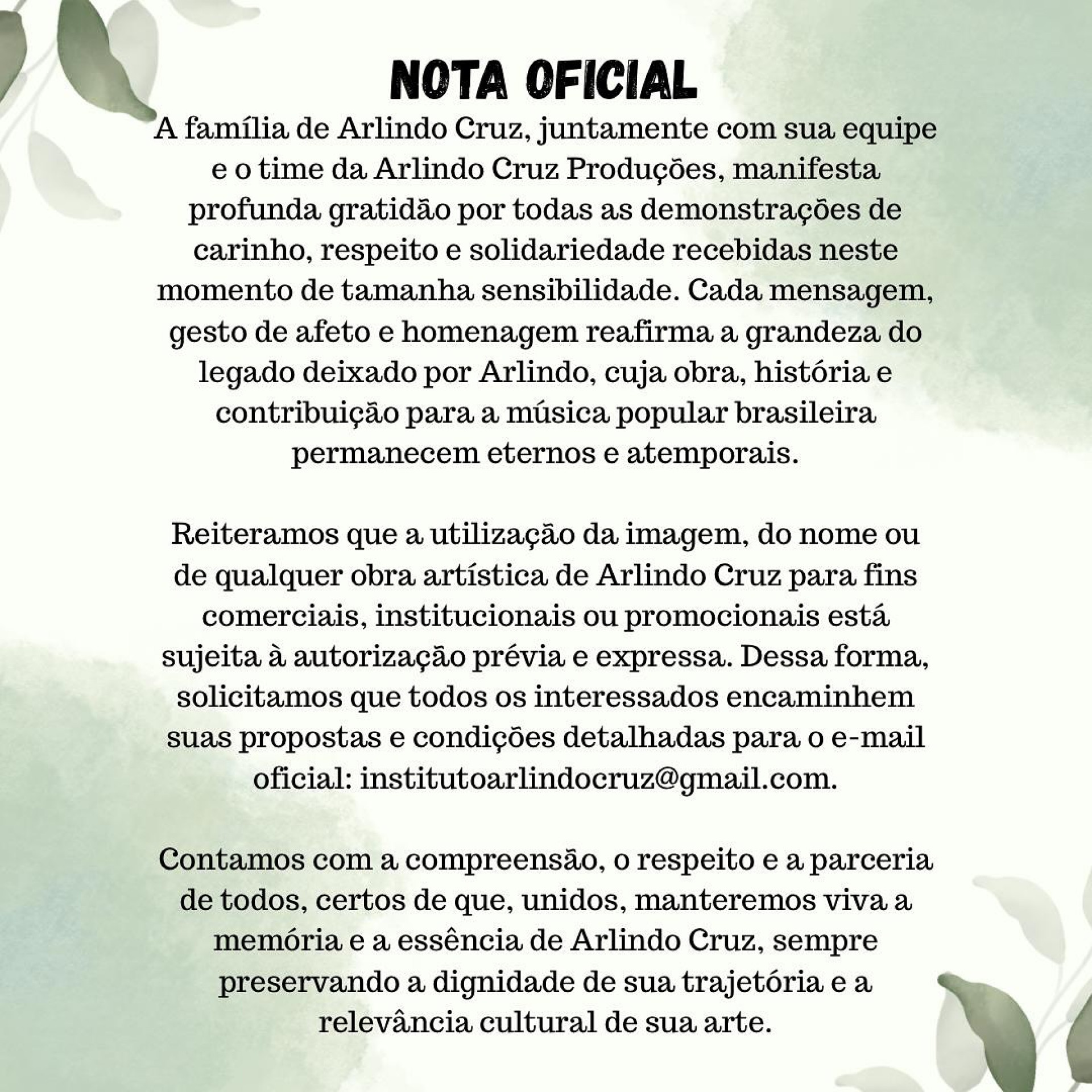 Fam&iacute;lia de Arlindo Cruz revela condi&ccedil;&atilde;o para uso de imagem e nome do sambista - Reprodu&ccedil;&atilde;o / Instagram