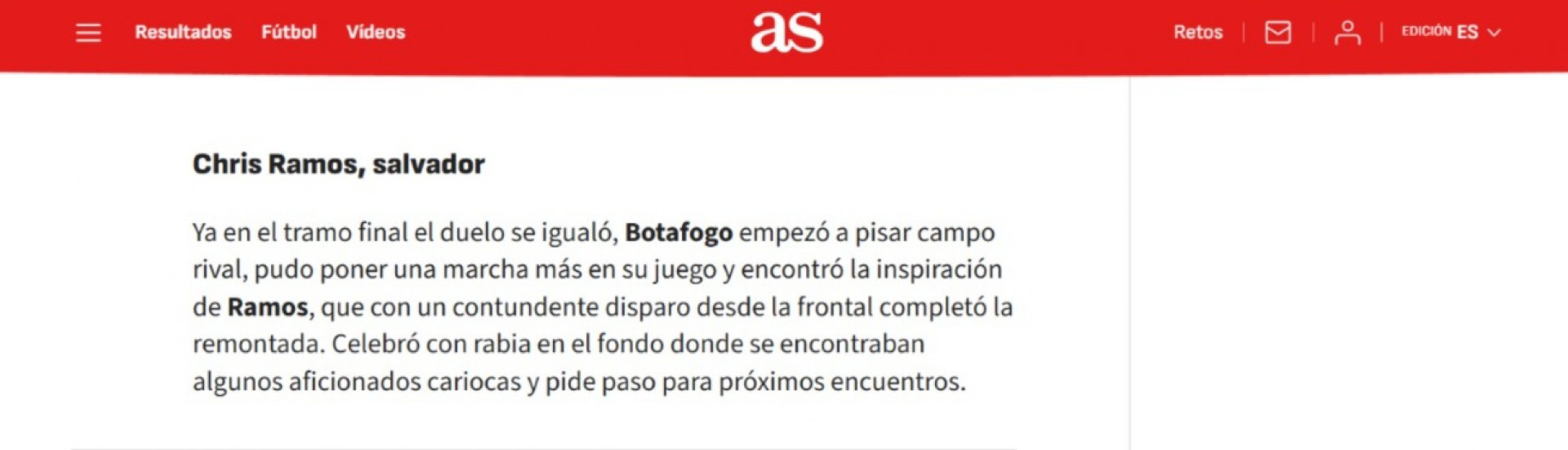 Jornal espanhol destaca atua&ccedil;&atilde;o de Chris Ramos pelo Botafogo - Reprodu&ccedil;&atilde;o/AS