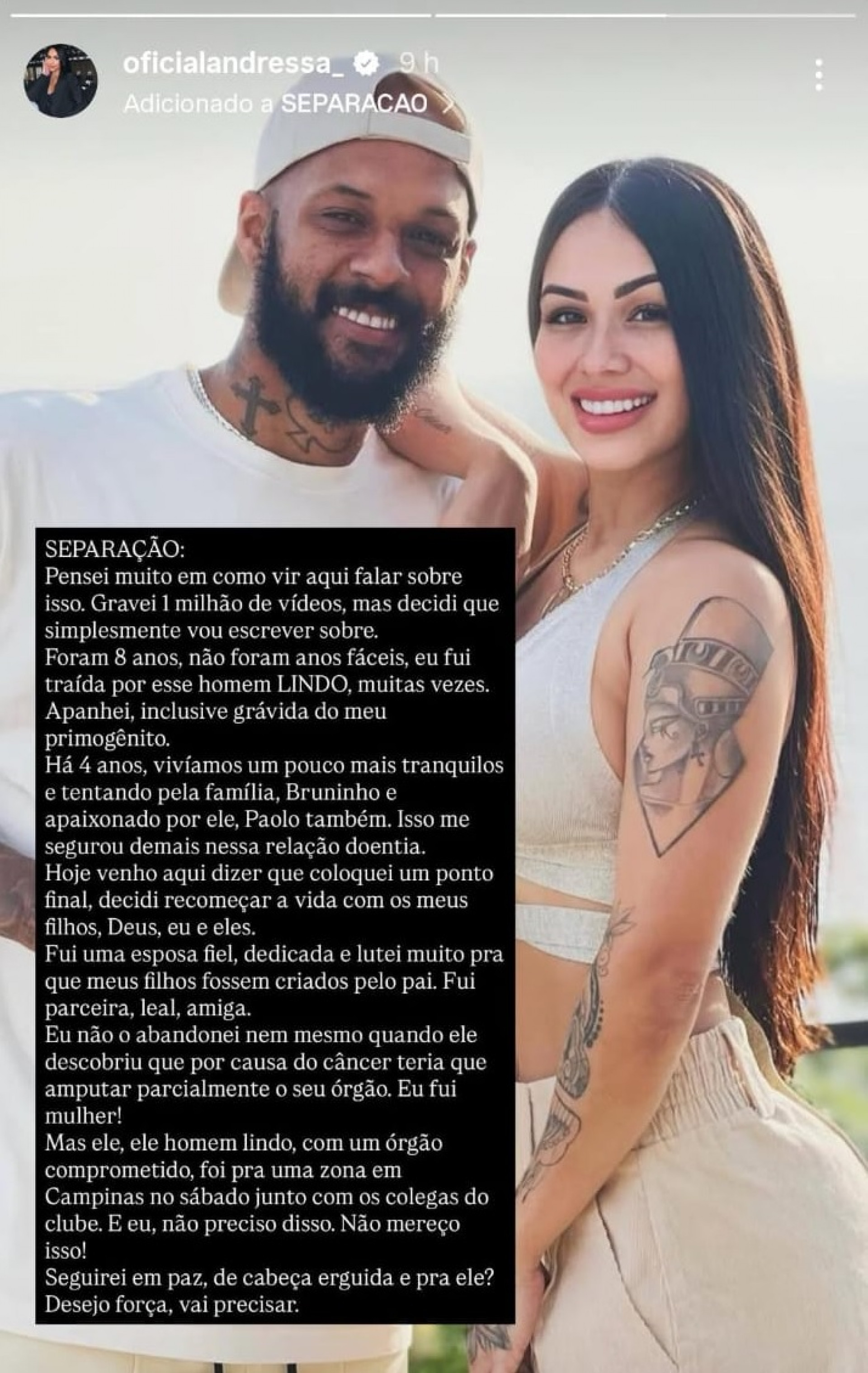 Mensagem da biomédica Andressa Marinho sobre o caso com Bruno Silva - Reprodução / Instagram