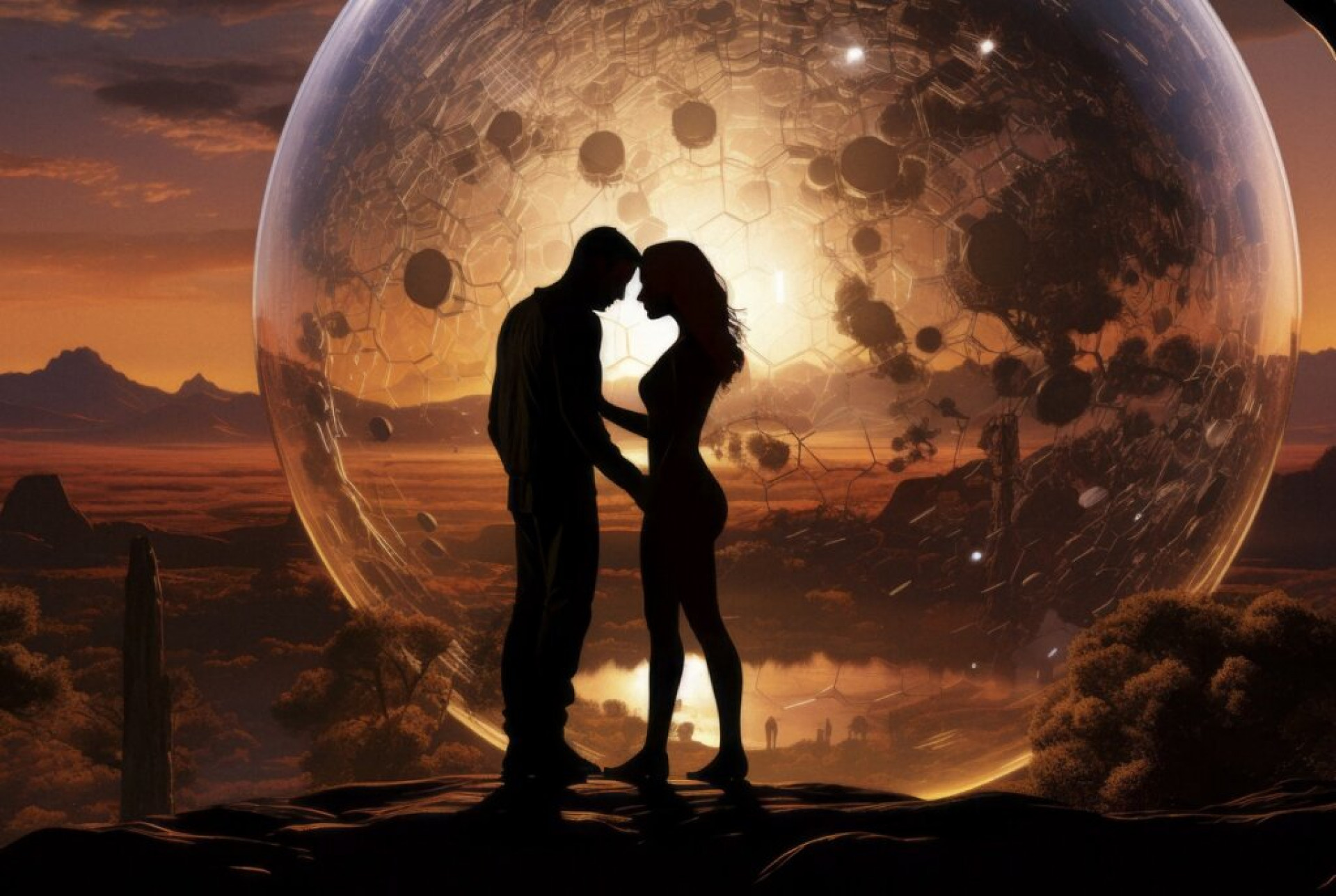 couple kissing on the globular surface in front of futuristic spheres, in the style of polished metamorphosis, mars ravelo, realistic renderings of the human form, thomas wrede, romantic landscape vistas, kieron gillen, sculpted --ar 16:9 --v 5.2 Job ID: b31f8431-d3af-4d80-9efc-20182b2526e8