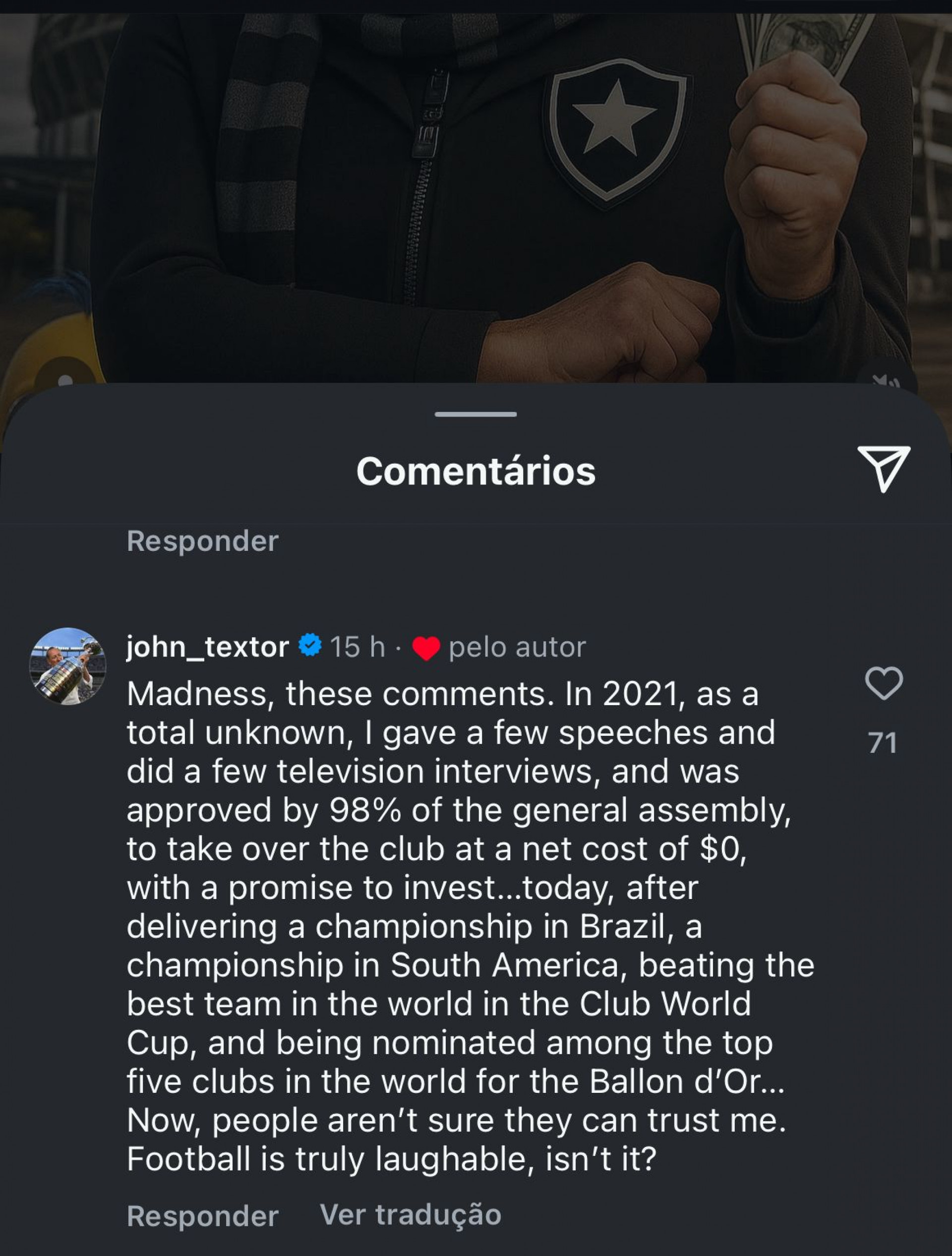 Comentário de John Textor - Reprodução/Instagram