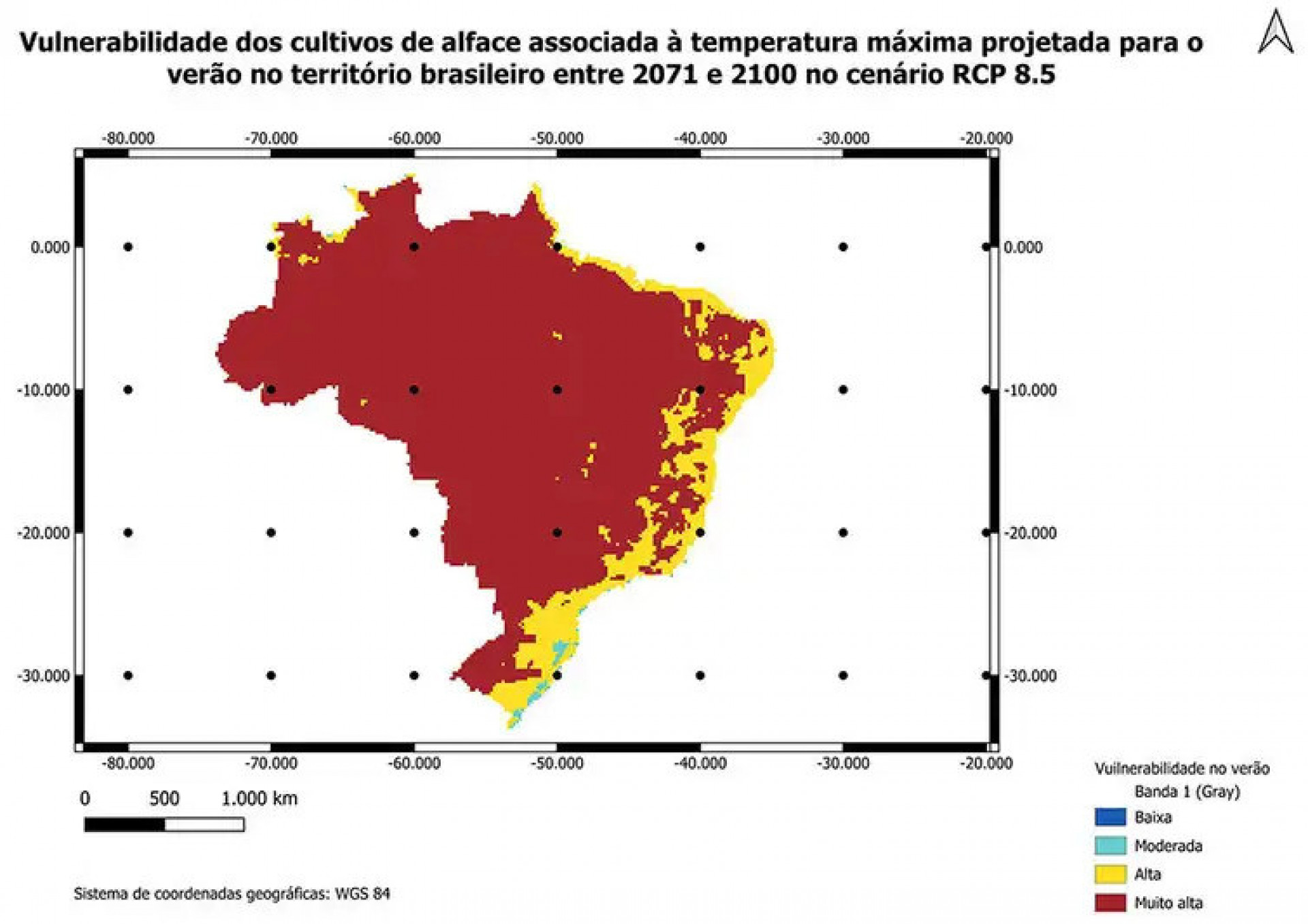 Mapa produzido pela Embrapa mostra risco muito alto para cultivo de alface em cenário pessimista de aquecimento global  - EMBRAPA/Divulgação