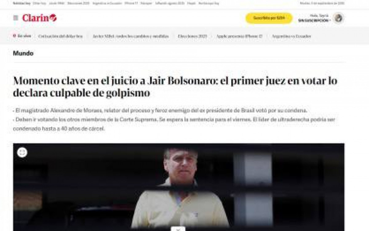 Argentino Clarín também evidenciou o voto de Moraes - Reprodução/internet