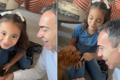 César Tralli se diverte com a filha e cadelinha e lamenta: 'Difícil sair de casa cedinho' 