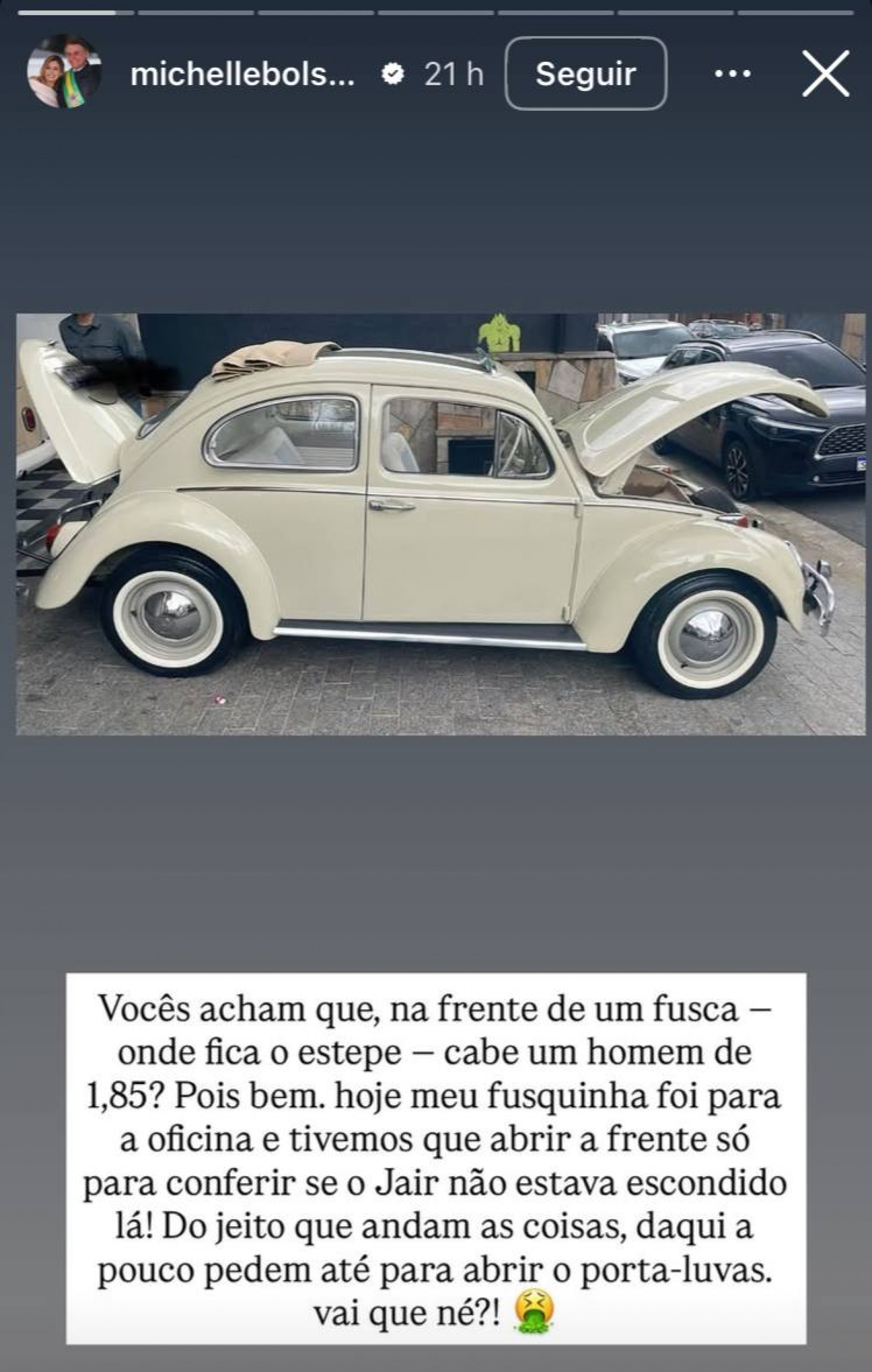 Michelle compartilhou a foto do veículo e ironizou a situação - Reprodução/redes sociais