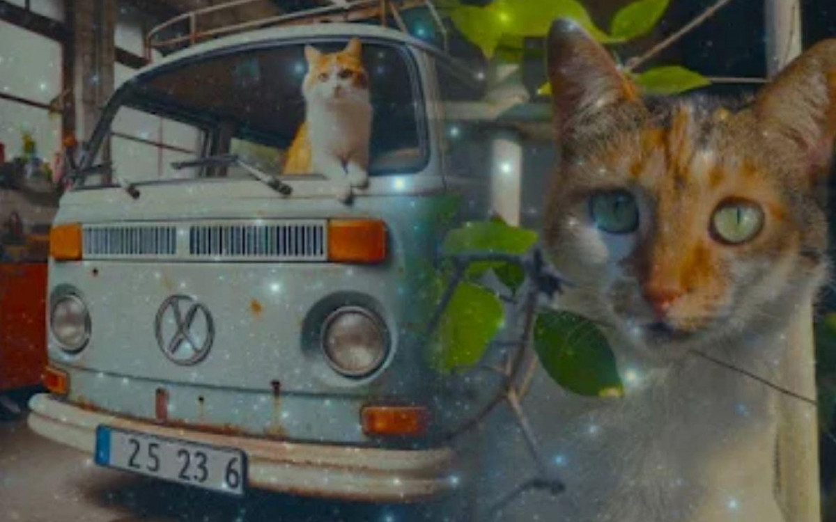 A gatinha Nuvem e a kombi antiga, que lhe serviu como esconderijo 