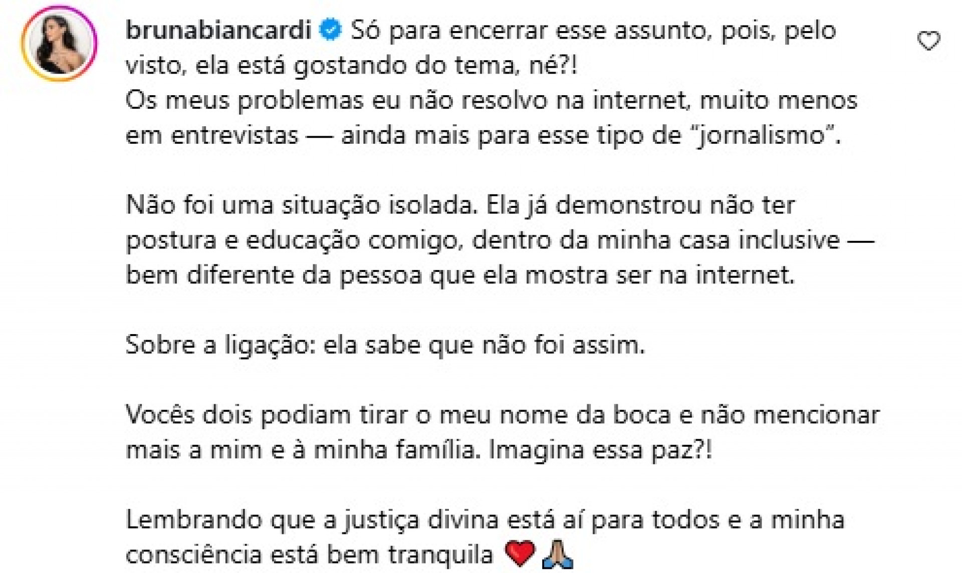 Bruna Biancardi afirmou que versão de Virginia sobre ligação não é verdadeira  - Reprodução/Instagram 