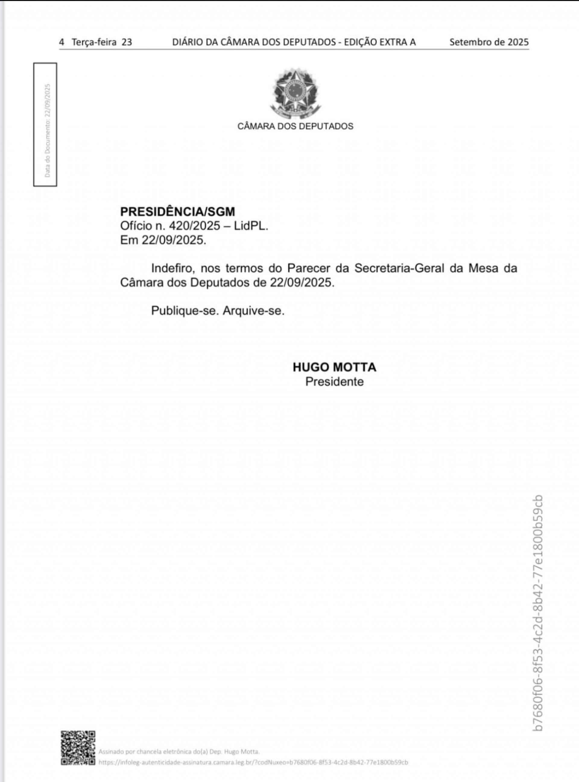 Ao barrar a indica&ccedil;&atilde;o, Motta baseou-se em um parecer da Secretaria-Geral da Presid&ecirc;ncia - Reprodu&ccedil;&atilde;o 