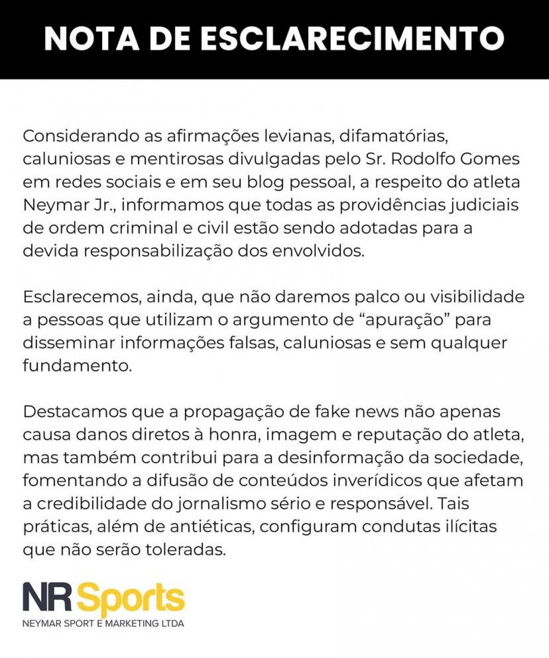 Equipe de marketing de Neymar publica nota de esclarecimento - Reprodução/Instagram
