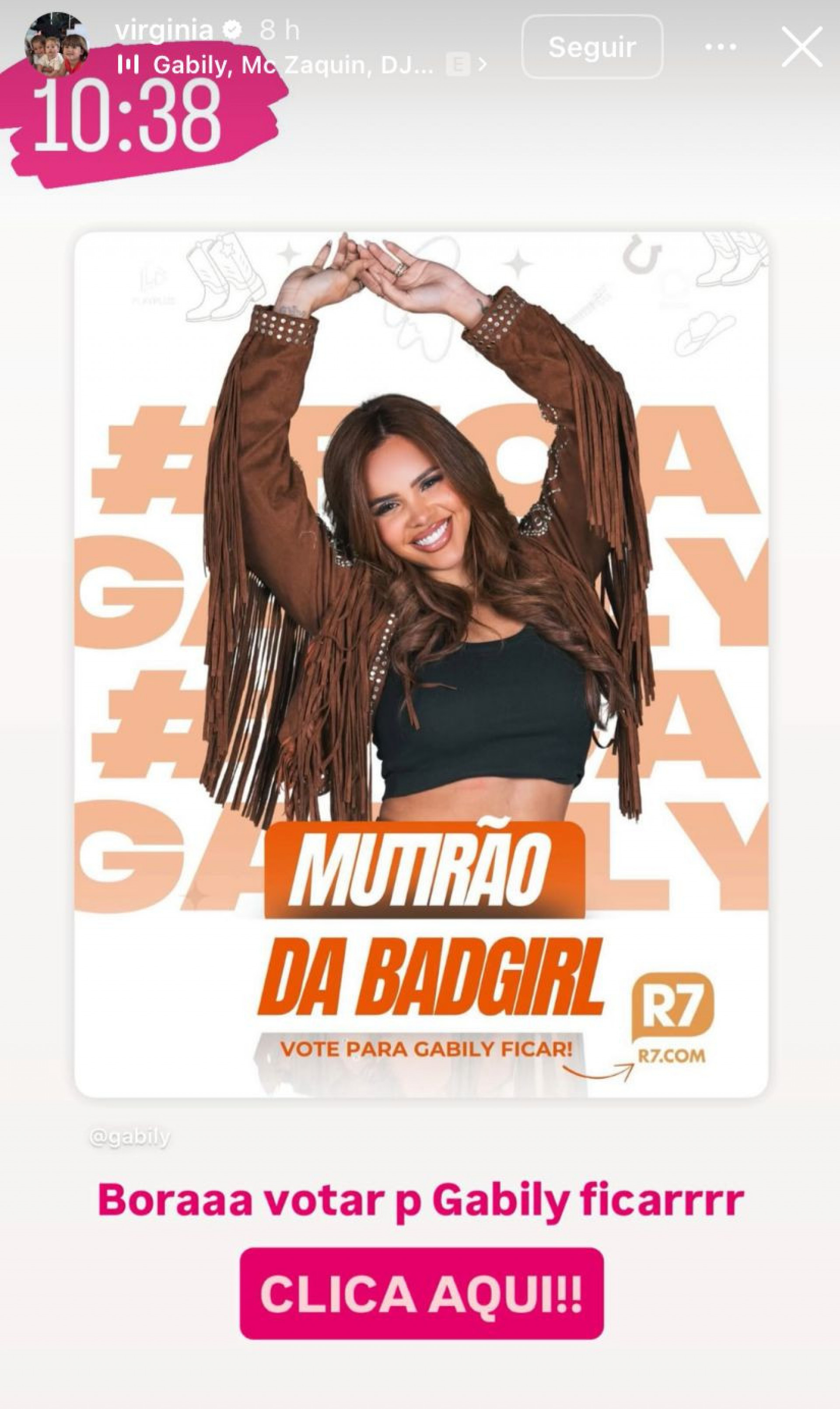 Virginia pede votos nos stories - Rpeordução/Instagram