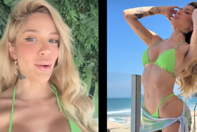 Karoline Lima curte praia de biquíni verde depois de fazer procedimento no bumbum