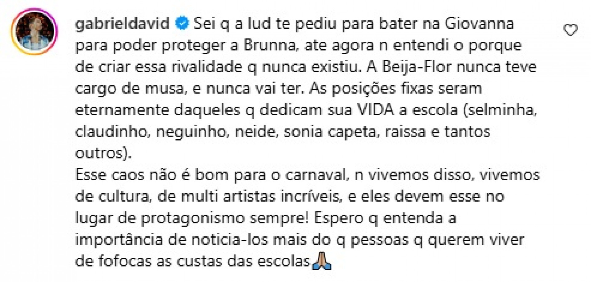 Gabriel David reagiu a polêmica em torno da saída de Brunna da Beija-Flor - Reprodução/Instagram 