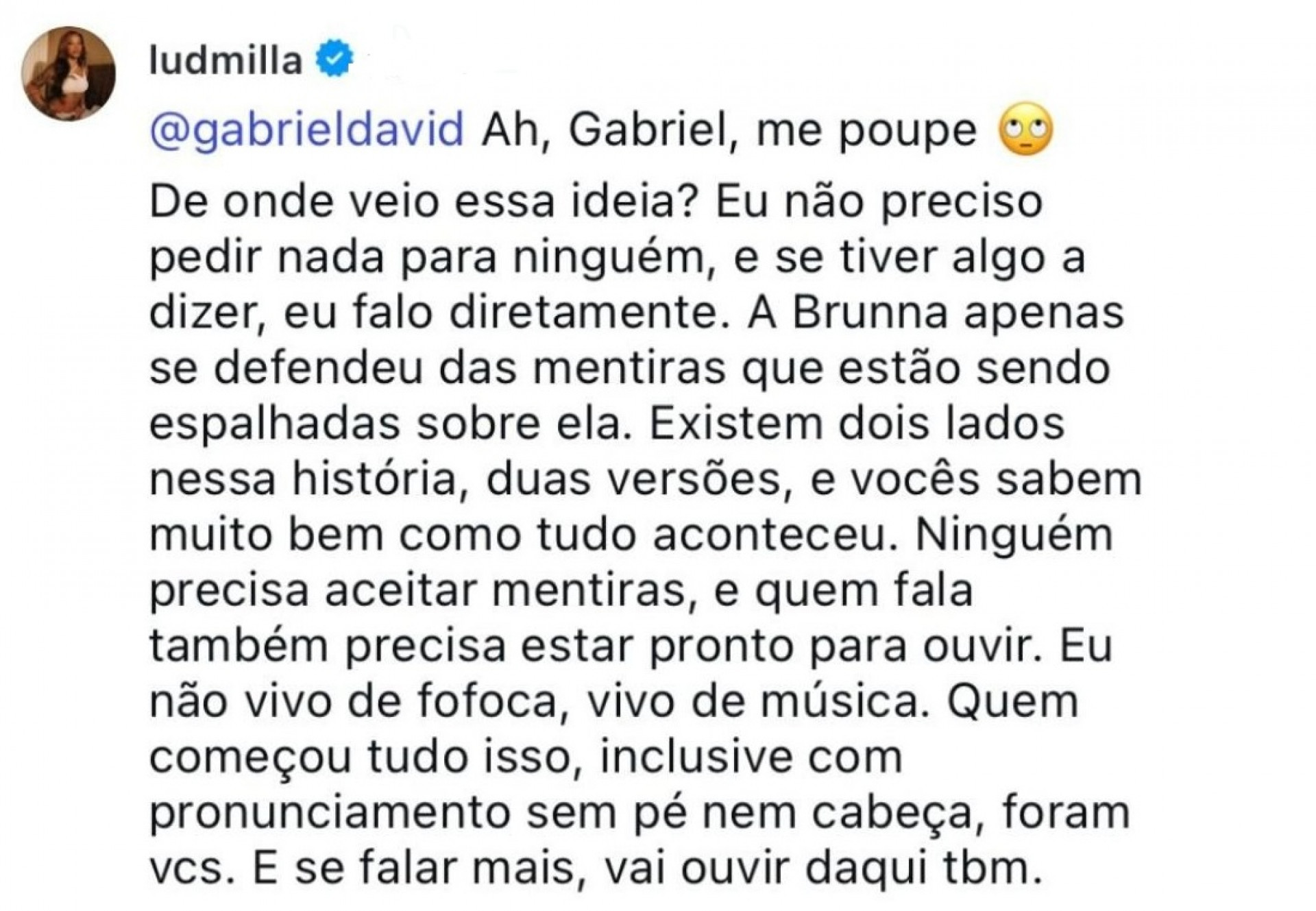 Ludmilla defendeu a mulher, Brunna Gonçalves, em comentário nas redes sociais  - Reprodução/Instagram 