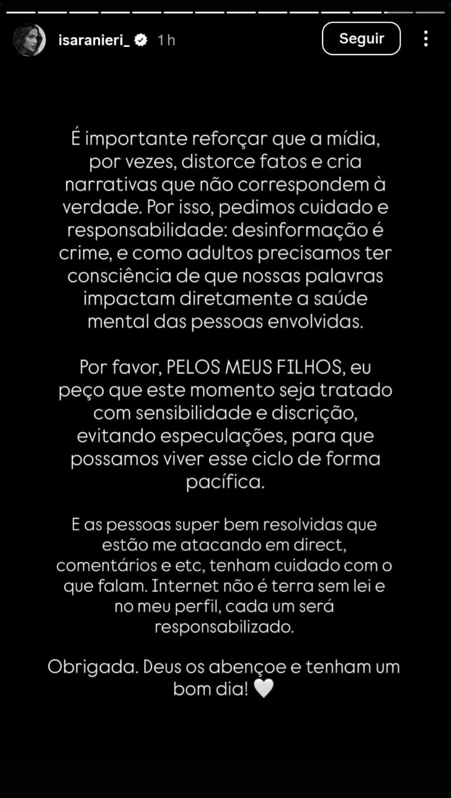 Isa Ranieri anuncia término com Cebolinha, do Flamengo, e pede respeito aos veículos de mídia - Reprodução / Instagram